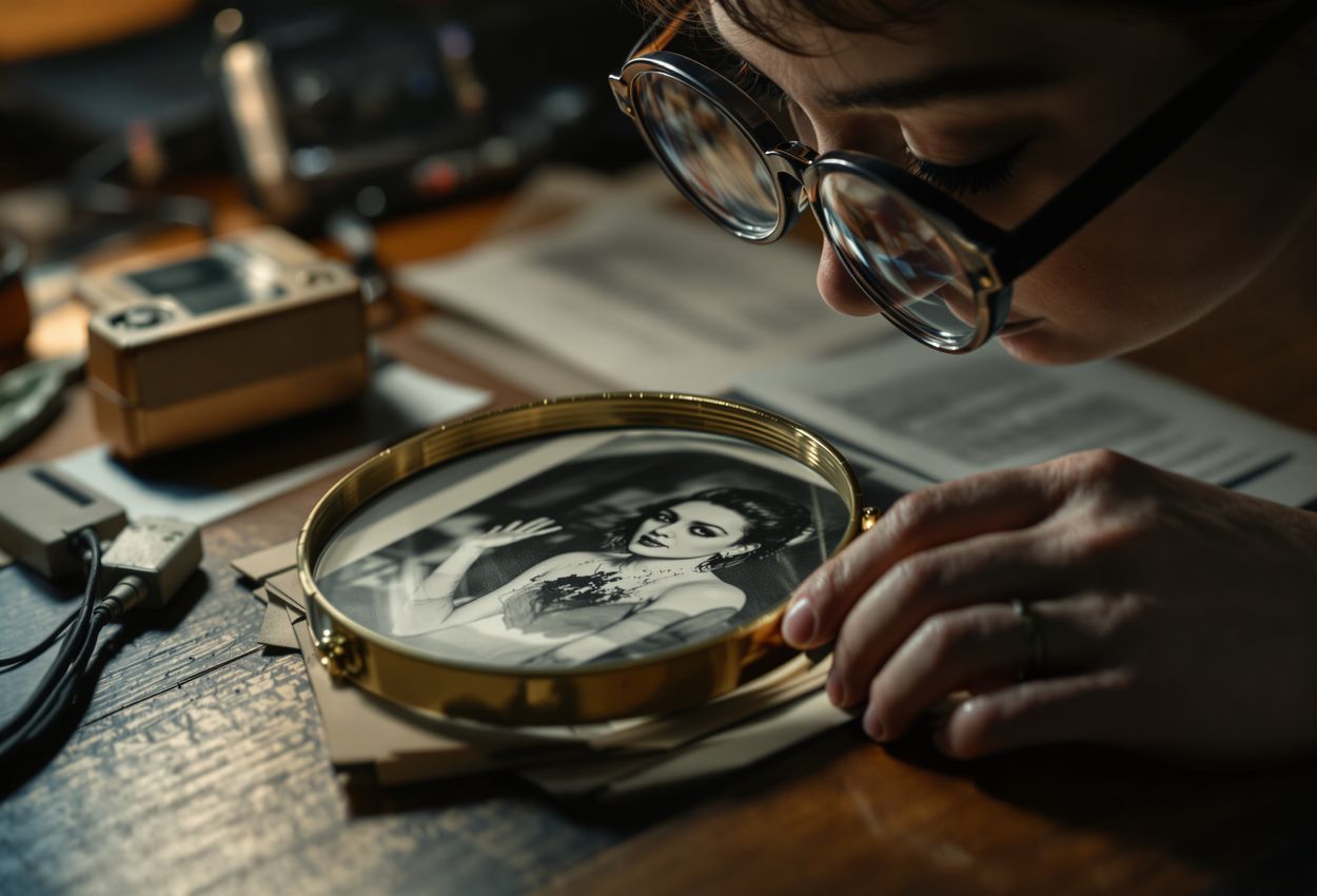 Skeptical Investigator Examining Evidence in Dimly Lit Forensic Office — Hyperrealistic Macro Study A close‑up, hyperrealistic image of a skeptical investigator in a dim forensic office on October 1, 2025, examining a vintage EVP tape and photograph through a brass magnifying glass. The investigator’s focused expression, tactile textures, and intimate lighting convey scientific inquiry and attention to detail.