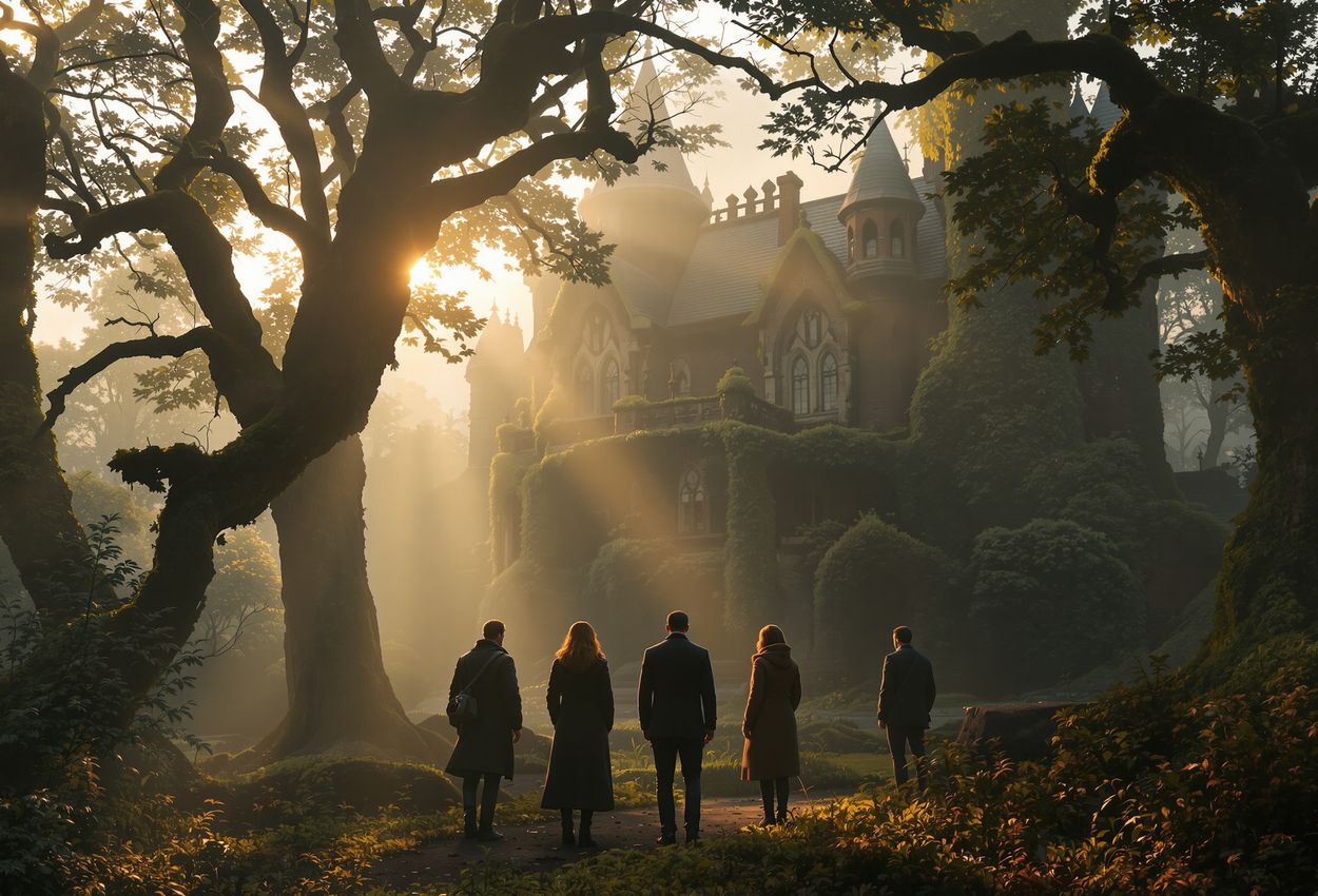 Dawn Mist Paranormal Investigation Group at Gothic Manor in Forest Clearing A wide‑angle dawn photograph showing five investigators holding cameras and detectors outside a Gothic manor in a misty forest clearing, with soft sunlight filtering through trees.
