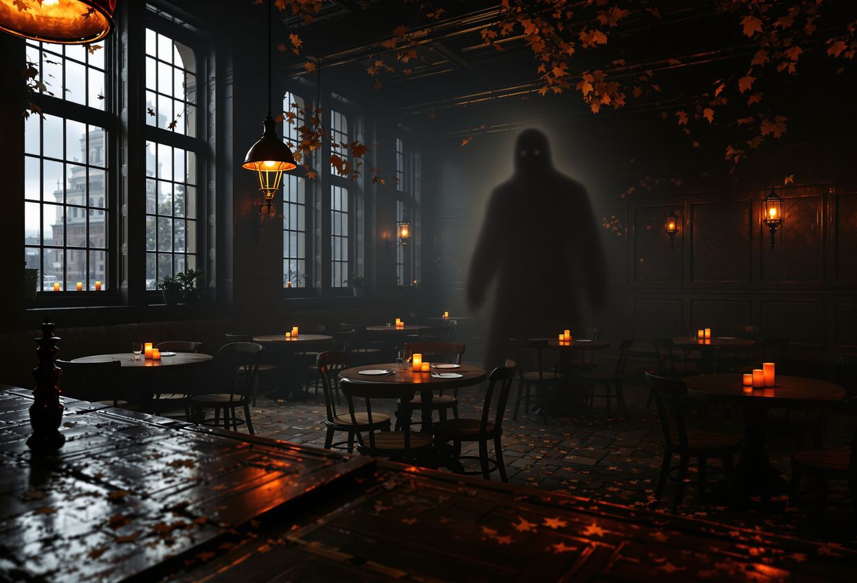 A low-angle, dimly lit autumn evening interior of a historic Savannah brewery, showing a glowing bar and tables with a subtle shadowy figure lurking in the background, bathed in moody candlelight and cool moonlight.