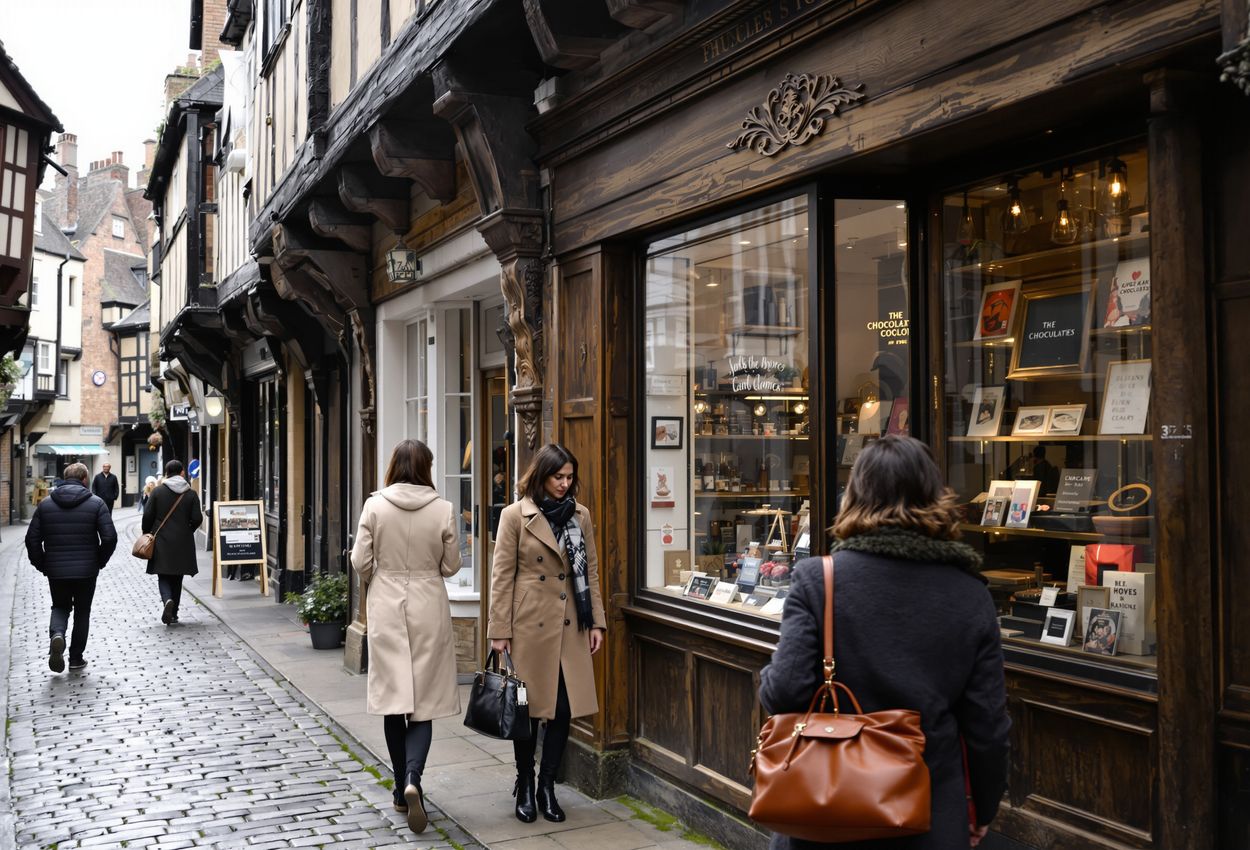 A narrow, cobbled medieval street in York, flanked by timber‑framed buildings with overhanging upper stories. Soft daylight filters down the lane. Two well‑dressed women browse a shop, their realistic skin and clothing visible, while the aged textures of stone and wood fill the foreground.