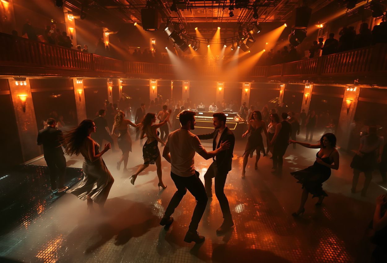 Energetic multi‑level nightclub scene inside historic Karlovy Lázně in Prague on an autumn night A vibrant eye‑level photograph inside a historic 15th‑century bathhouse converted into Prague’s Karlovy Lázně nightclub. The image shows stylish young dancers on multiple floors with Roman‑style mosaic walls and pools turned into dance platforms, bathed in warm tungsten light, textured fabrics and aged stone, creating an immersive, energetic nightlife atmosphere.