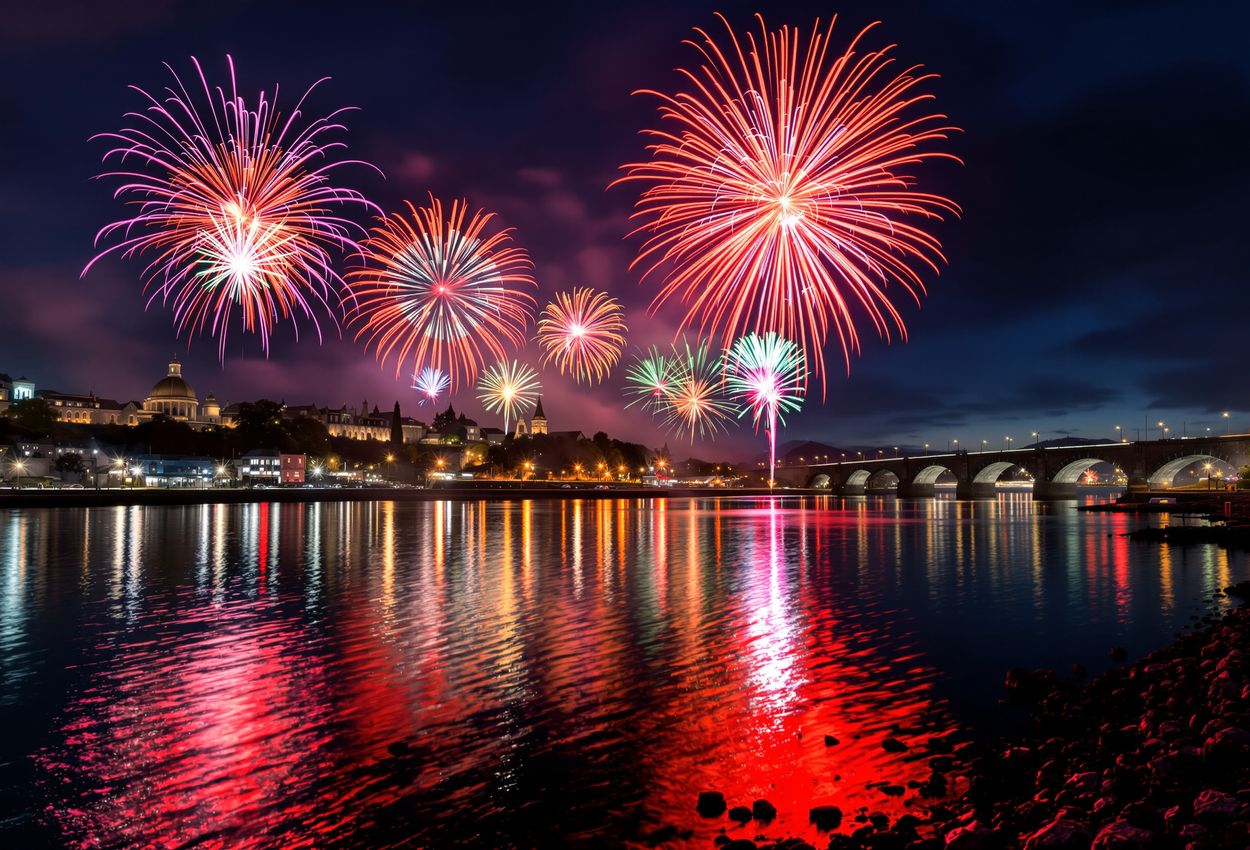 A nighttime photograph showing brilliant fireworks bursting over the River Foyle in Derry, reflecting in the water. The historic city walls and landmarks like the Guildhall’s copper dome and St Columb’s Cathedral are softly lit under a deep blue sky.