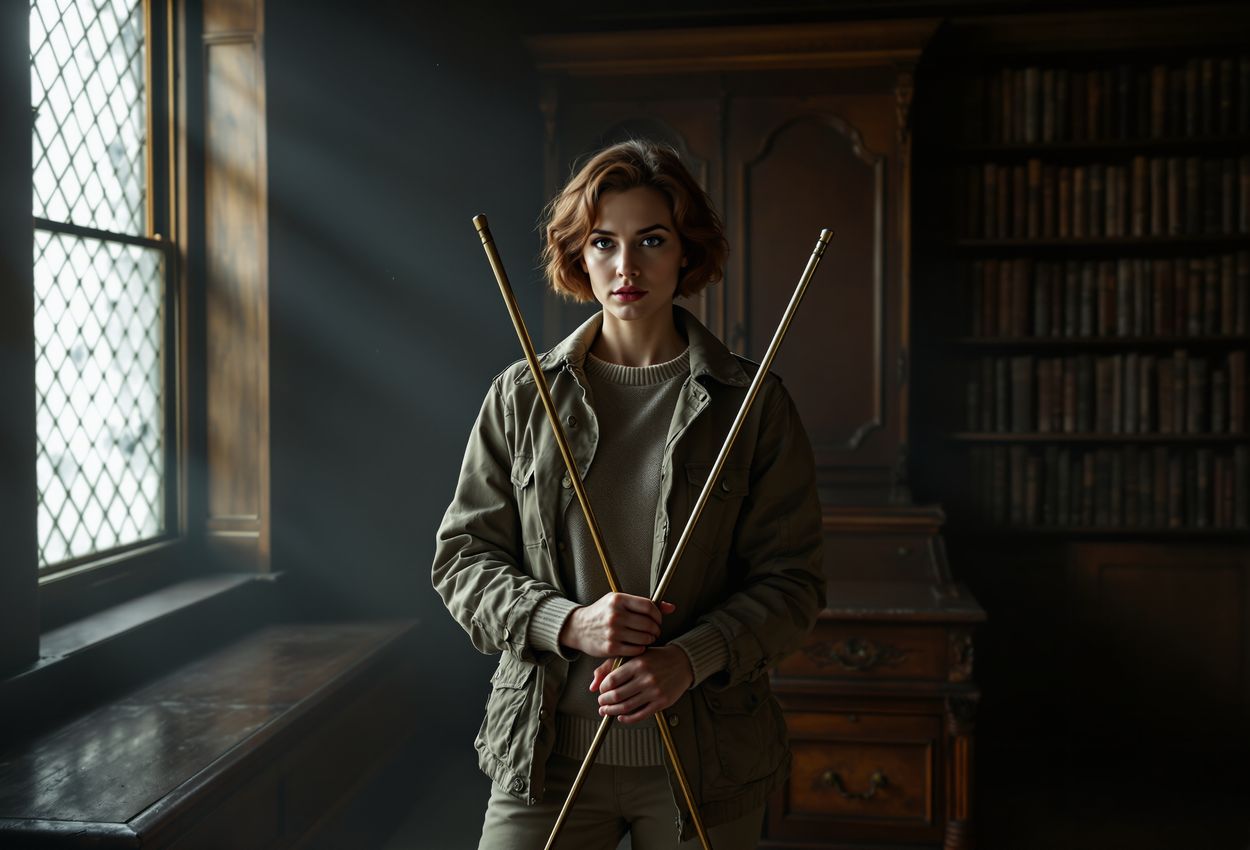 Medium‑shot photo of a focused paranormal investigator holding crossed dowsing rods in a dimly lit historic room with antique furniture, dusty bookshelves, and cobwebs. Soft natural light filters through a window, casting long shadows and revealing floating dust particles in the air.