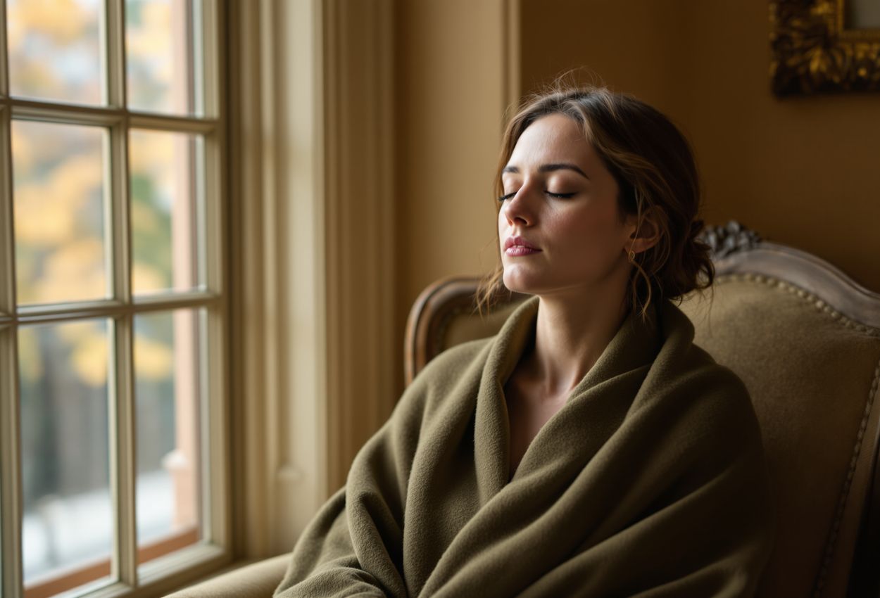 A close‑up photograph of a person sitting in an armchair at The Stanley Hotel, practicing deep breathing in a softly lit historic interior with autumn colors visible through a window.
