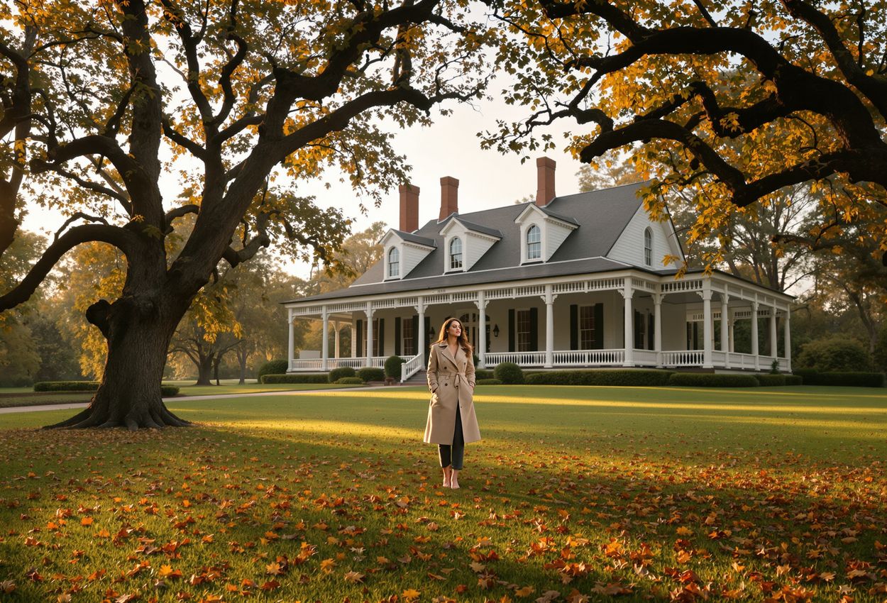 A serene portrait of a person standing barefoot on fallen leaves before the historic Myrtles Plantation in early October, bathed in warm light, with the detailed wraparound veranda and moss‑draped oaks softly receding into the background