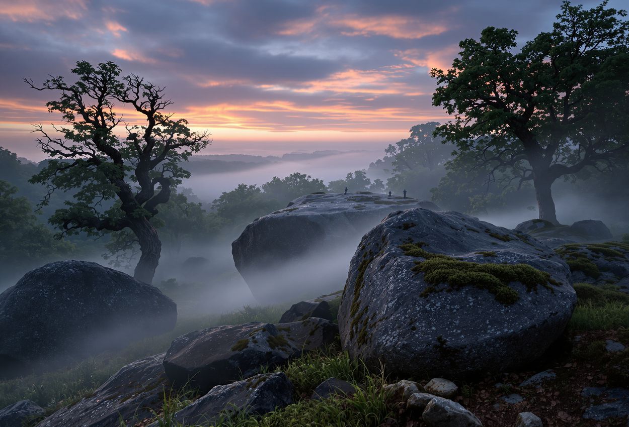 Twilight Mist Over Gettysburg’s Devil’s Den Boulders on July 2, 2025 A wide‑angle twilight scene at Gettysburg’s Devil’s Den, showing large moss‑covered boulders and gnarled trees shrouded in low‑lying mist and faint ghost‑like silhouettes of Civil War‑era soldiers, with atmospheric blue‑gray and amber lighting.