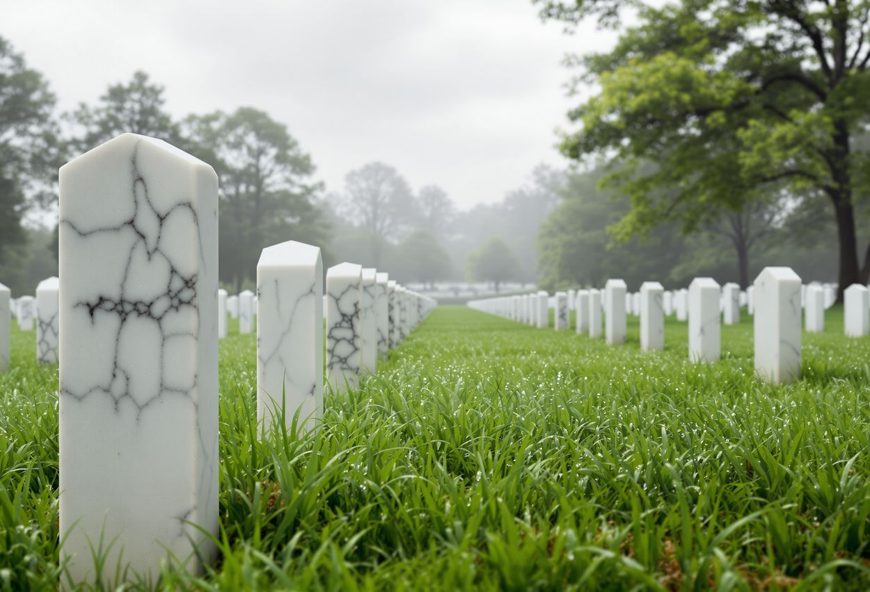 Overcast Morning at Shiloh National Cemetery – Reflective Historic Landscape A serene medium‑distance view of rows of white marble headstones at Shiloh National Cemetery under an overcast spring sky at around 10 AM on April 7, with soft diffused light, dewy grass, and blurred background trees creating a solemn, reflective atmosphere.