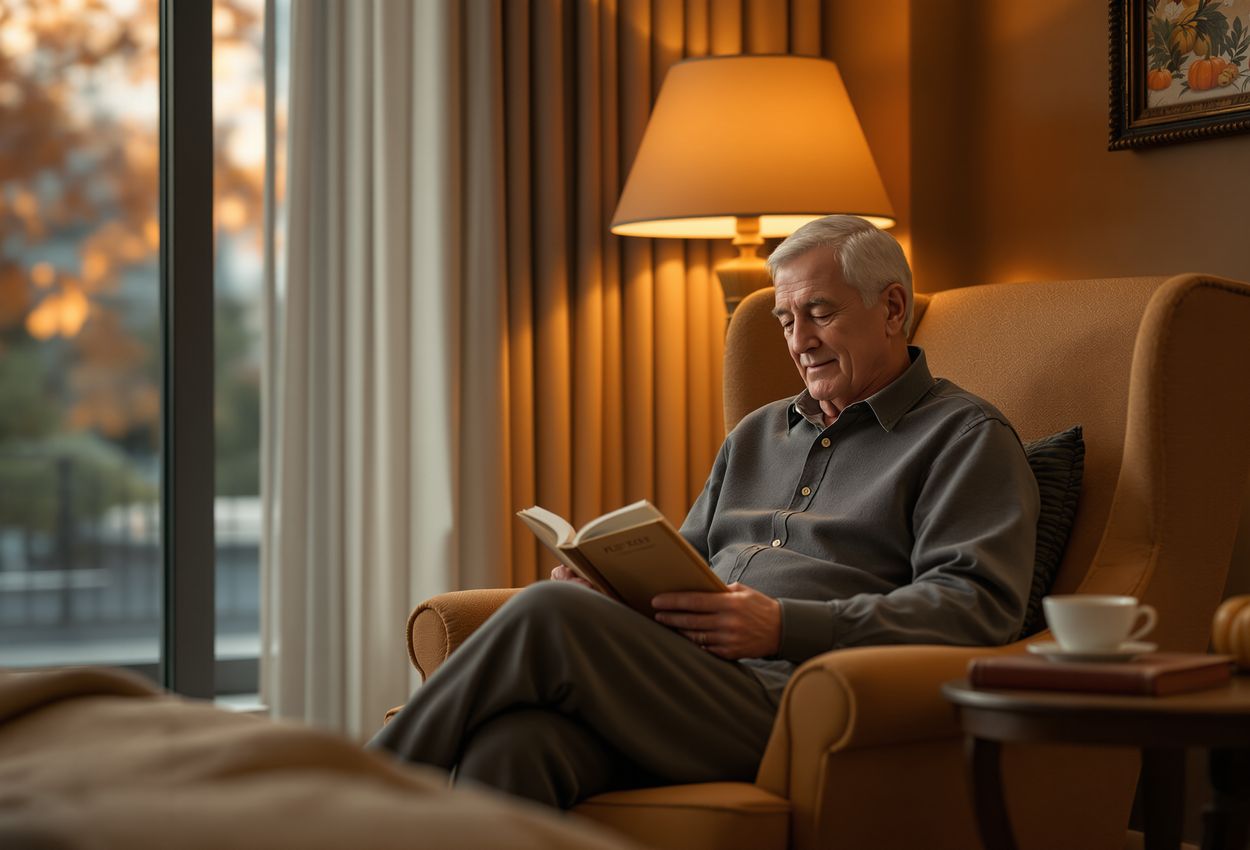 A person sits in a plush armchair beside a warm bedside lamp in a dimly lit hotel room on an autumn evening, reading a book with a calm, content expression. The soft amber glow highlights rich textures and peaceful ambiance.