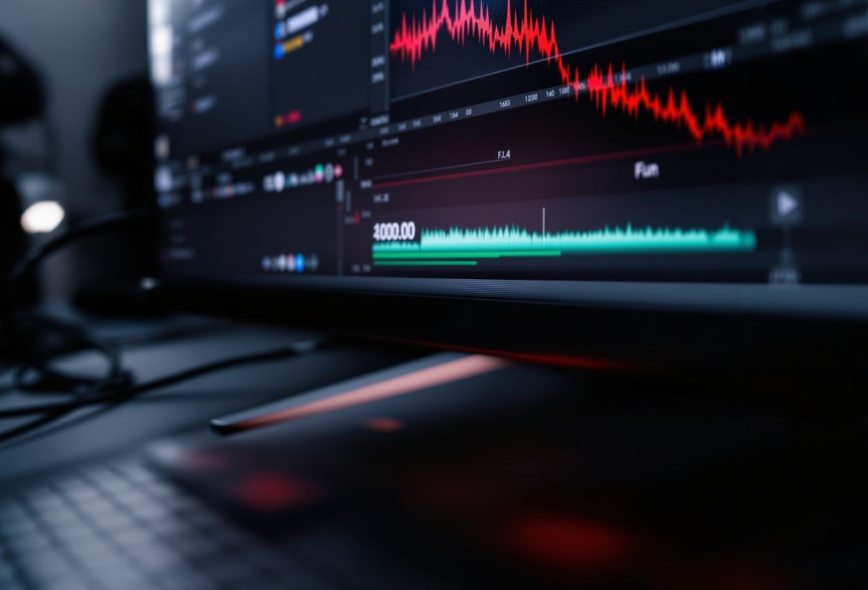 Dramatic Macro Capture of Editing Interface and Waveforms Revealing Deception A close‑up view of a computer monitor showing editing software with visible audio and video waveforms, highlighting tools used to fabricate evidence in a low‑light indoor setting, focusing on screen details and dramatic lighting.