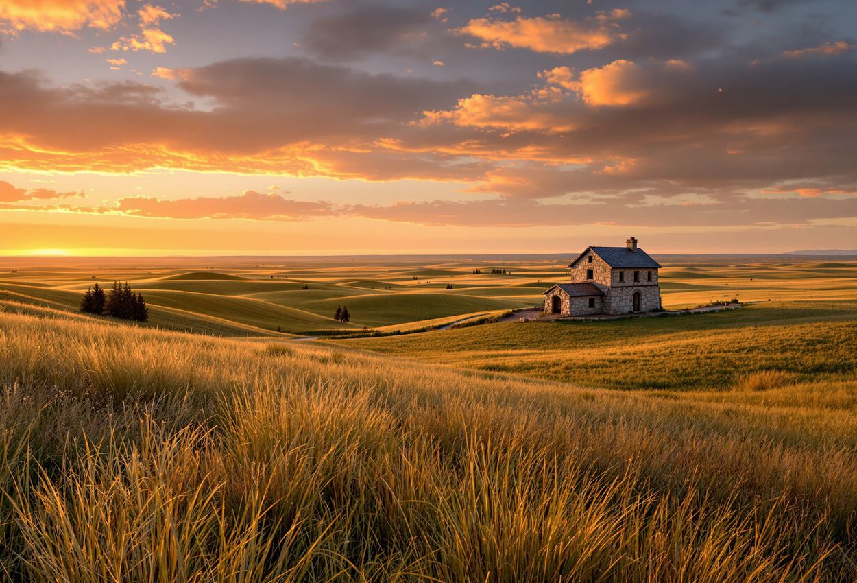 Dramatic Sunset Over Little Bighorn Battlefield with Stone House in Golden Light A wide‑angle sunset scene of rolling mixed‑grass prairie at the Little Bighorn Battlefield, with a historic stone house set amid long shadows and glowing hills, captured in warm evening light.