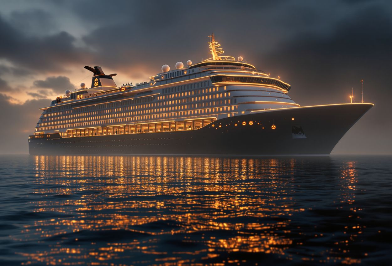 In this photograph, a grand cruise ship decorated with elegant Halloween lighting sails through a misty harbor at twilight. Warm lantern glows reflect on rippling water while costumed passengers appear in silhouette on deck. Storm clouds and a flash of lightning add dramatic contrast.
