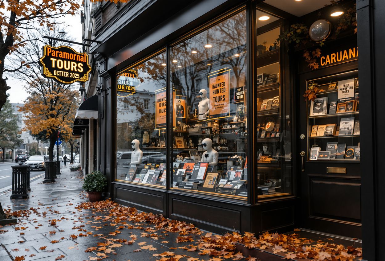 Paranormal Tourism Storefront in Crisp Autumn Light with Ghost‑Hunting Gear A wide‑angle photograph shows a paranormal tourism storefront on an autumn day, with ghost‑hunting equipment—EMF meters, infrared cameras, brochures—arranged in a warm‑lit display behind glass, surrounded by fallen leaves and soft gray sky