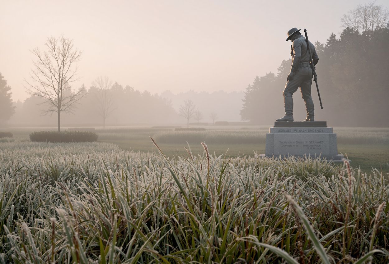 Fog‑shrouded Minute Man statue at dawn in Concord meadow, April history memorial A medium‑distance view of the bronze Minute Man statue stepping from a plow, set in a foggy Concord meadow at 7 AM on April 19. Soft diffused light highlights dewy grass and mist‑shrouded trees in the background, evoking quiet history and dawn‑time atmosphere.