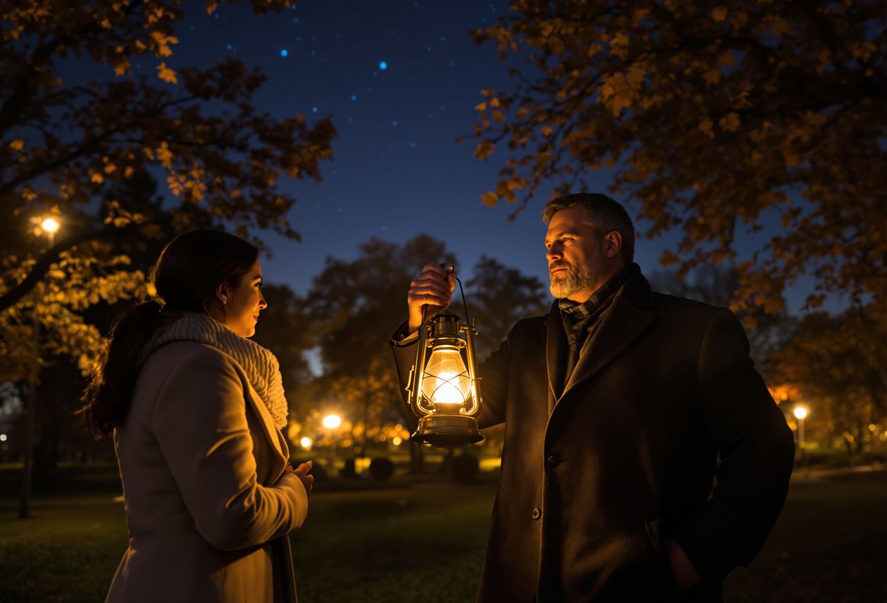 A nighttime photograph depicting a ghost tour at Boston Common on October 3, 2025: a group of tourists listening to a guide holding a lantern, with ghostly figures hanging from tree branches, under a clear starry sky and beginning autumn foliage.