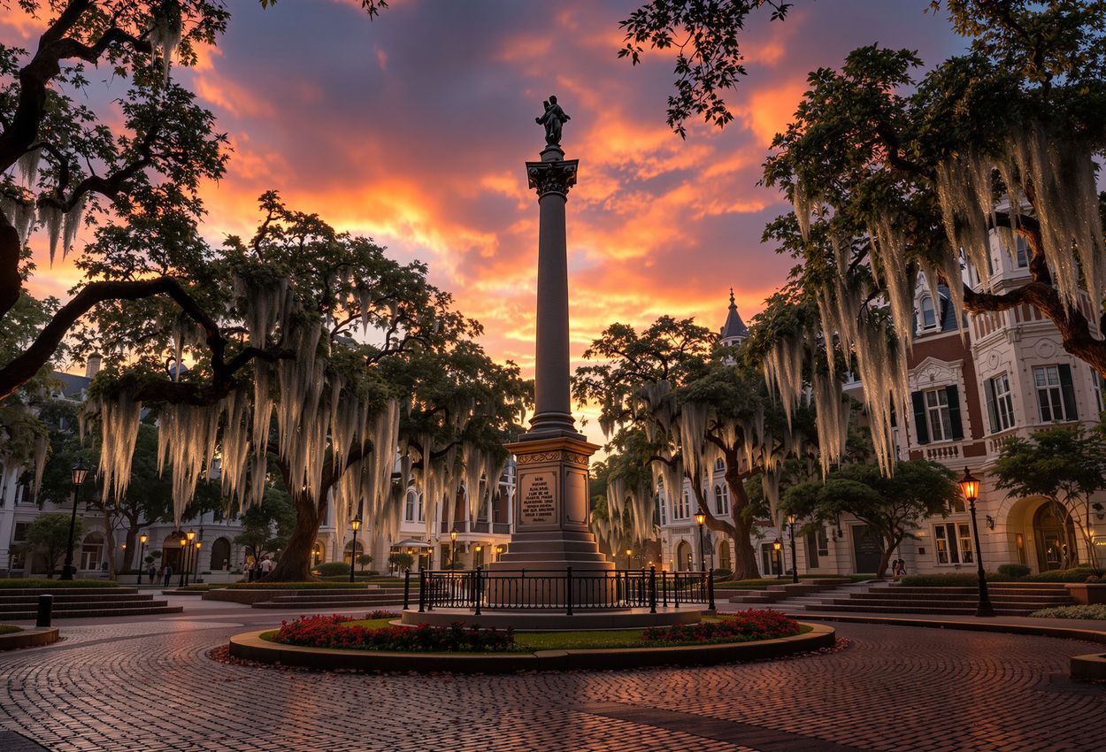 Monterey Square Savannah Dusk Monument with Spanish Moss, November Sunset A dusk landscape photograph of Monterey Square in Savannah on November 20, showing the Pulaski monument in the foreground, draping Spanish moss, historic square and buildings under a warm sunset sky.