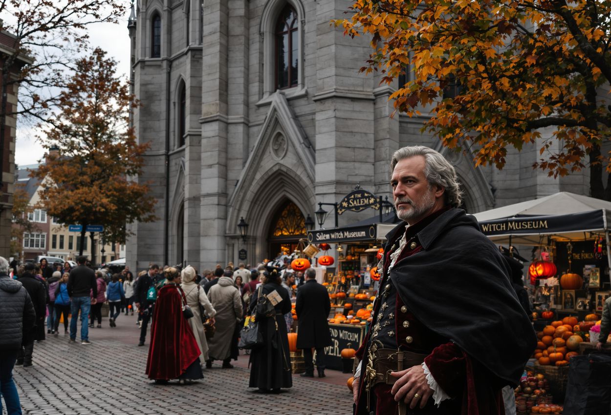 Photograph shows busy Salem, Massachusetts in daytime overcast. In foreground, Gothic Revival Salem Witch Museum building with textured stone. Tourists in detailed costumes converse near artisan stalls. Background features white church steeple casting subtle shadow over cobblestone square.