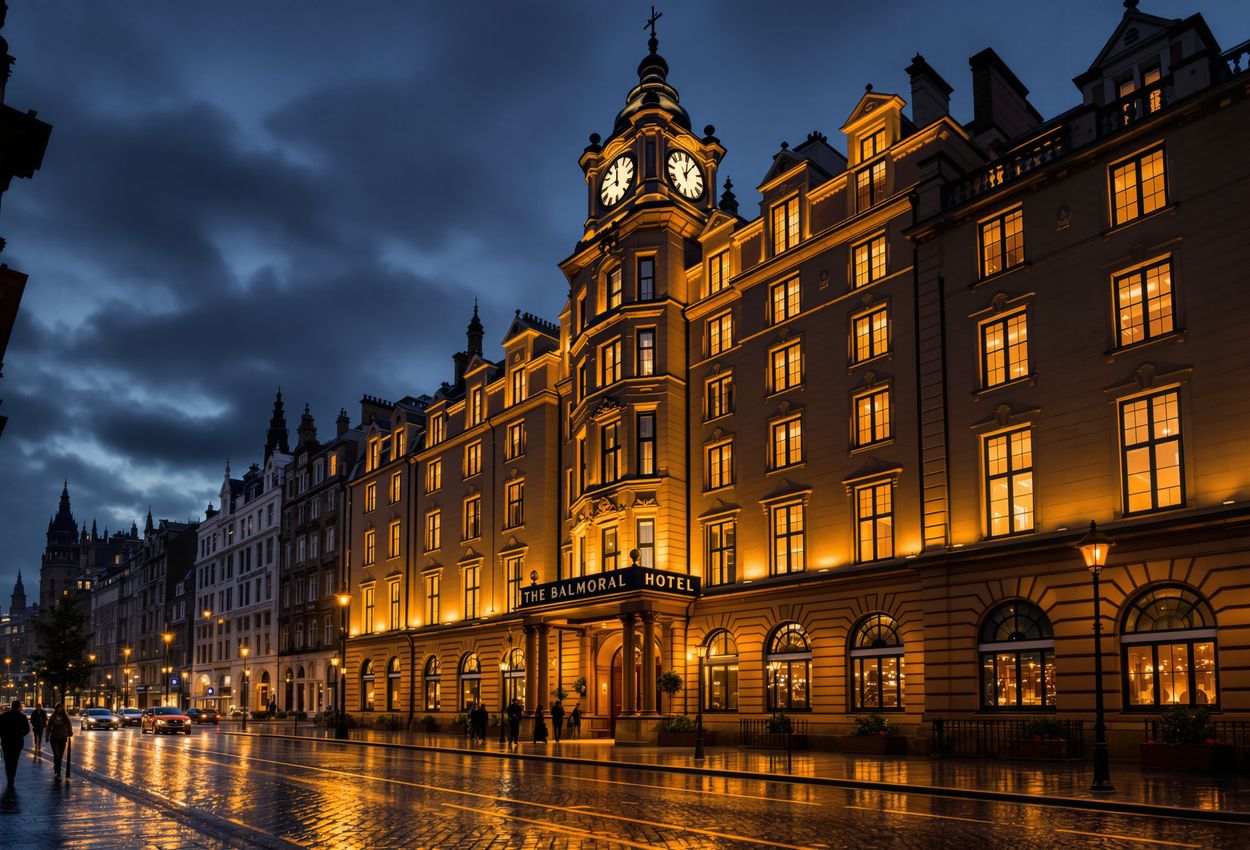 A serene night view of The Balmoral Hotel’s richly detailed stone façade and glowing windows. The iconic clock tower rises above, warm light spilling onto rain‑wet street and casting deep shadows, capturing architectural elegance and atmospheric October chill.