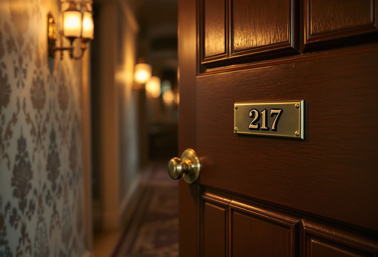 Photograph of a slightly open wooden door marked 217 in a softly lit hotel hallway. The focus is on the brass room number and detailed textures of the door, wallpaper and carpet, conveying a quiet, mysterious atmosphere.