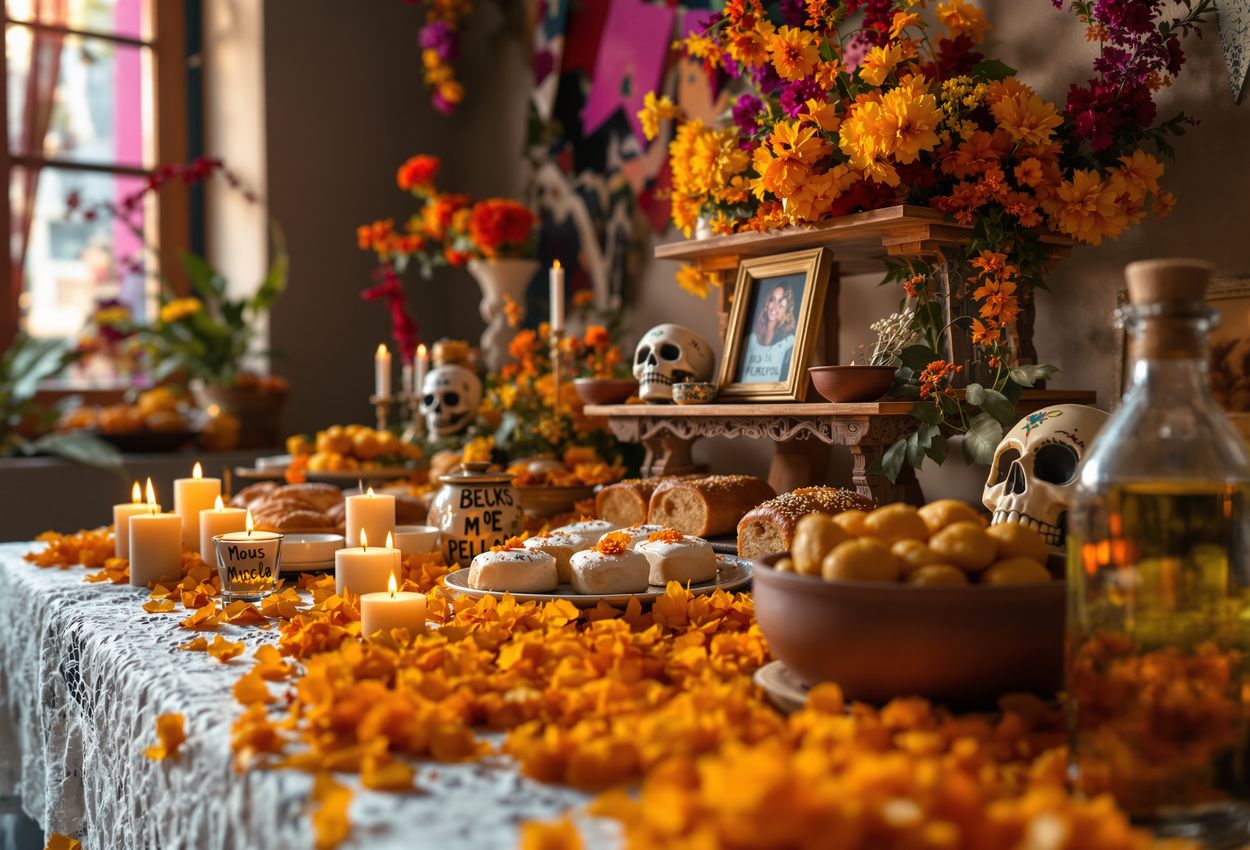 A richly detailed photograph showing a multi‑tiered Día de los Muertos altar inside an Oaxacan home on October 30. The image features marigolds, candles, papel picado, photos of loved ones, pan de muerto, mole, tamales, sugar skulls, water and mezcal offerings, soft warm lighting, and delicate textures.