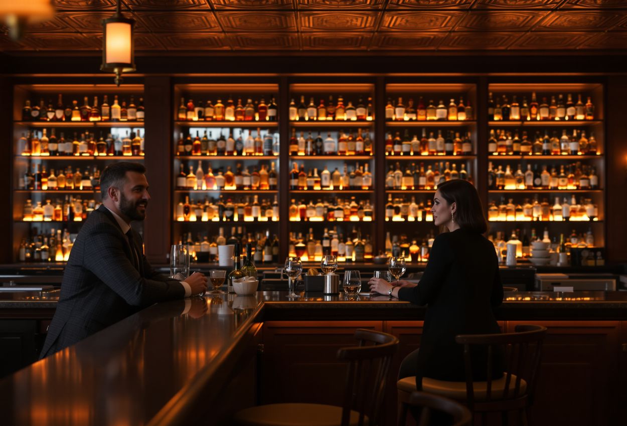 A hyperrealistic photograph of the cozy, warmly lit Whiskey Bar & Lounge inside The Stanley Hotel in Estes Park on October 1 2025. The image features a sharply focused whiskey glass in the foreground, with a man and woman seated at the bar in mid‑conversation, surrounded by softly blurred shelves of hundreds of whiskey bottles, copper accents, dark wood, and intimate lighting.