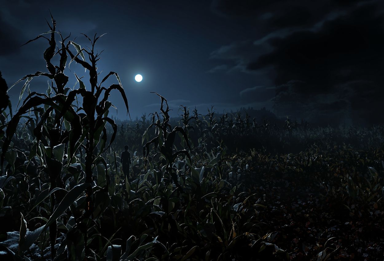 Nighttime panorama of haunted farm cornfield and eerie barn in Moriarty NM, October Panoramic night photo of a haunted cornfield and dilapidated barn under a full moon. Grotesque scare‑actors in tattered costumes lurk among towering stalks beside the barn. Moonlight and strobe lighting cast dramatic shadows across decaying textures.