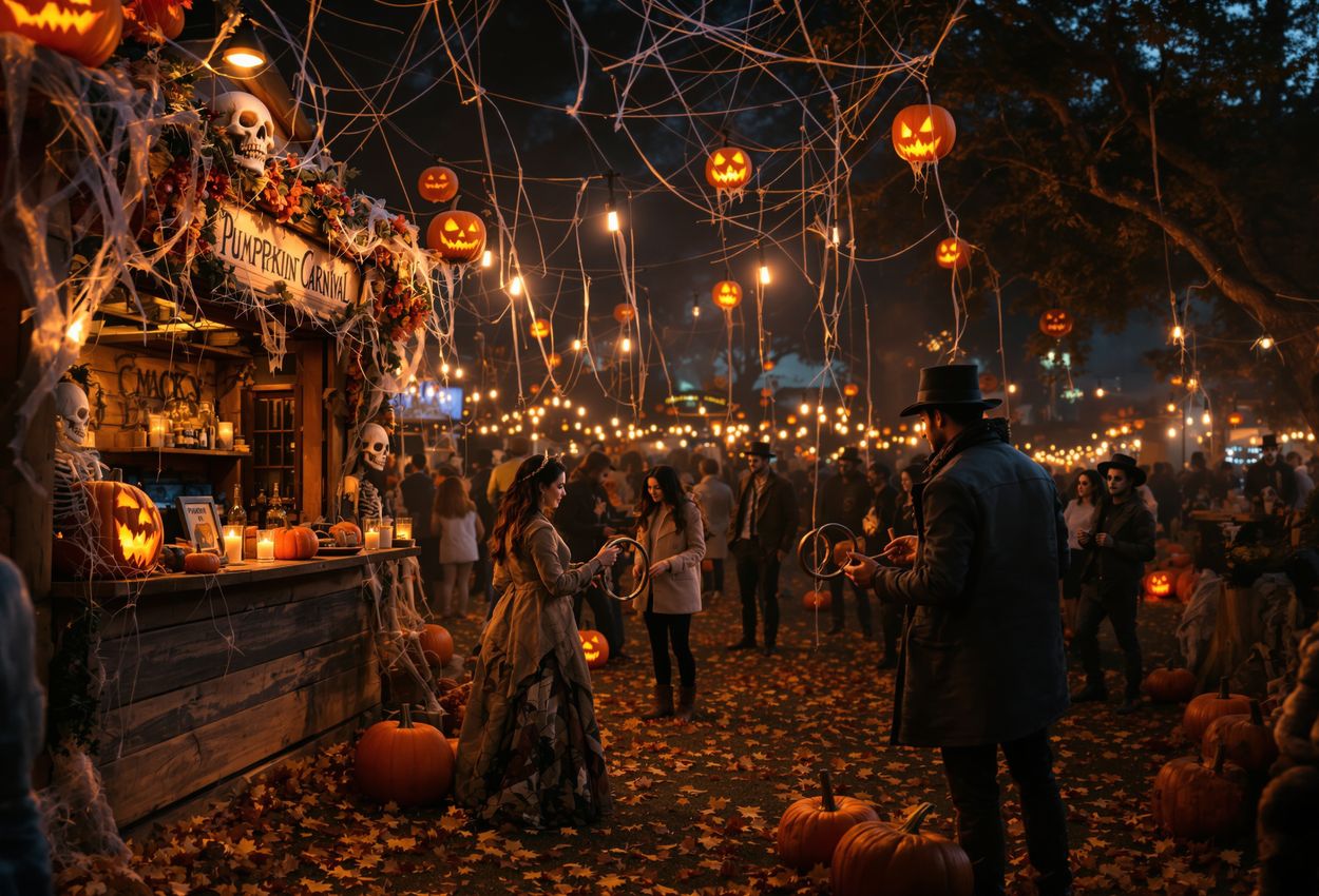 Evening Halloween Carnival Haunted Hayride Game Booths with Scare Actors A wide‑angle nighttime scene of a Halloween carnival at a haunted hayride: wooden game booths with carved pumpkins, skeletons and cobwebs in the foreground; people interacting with scare actors amid warm string lights and colored spotlights; detailed textures and real expressions visible in the crowd.