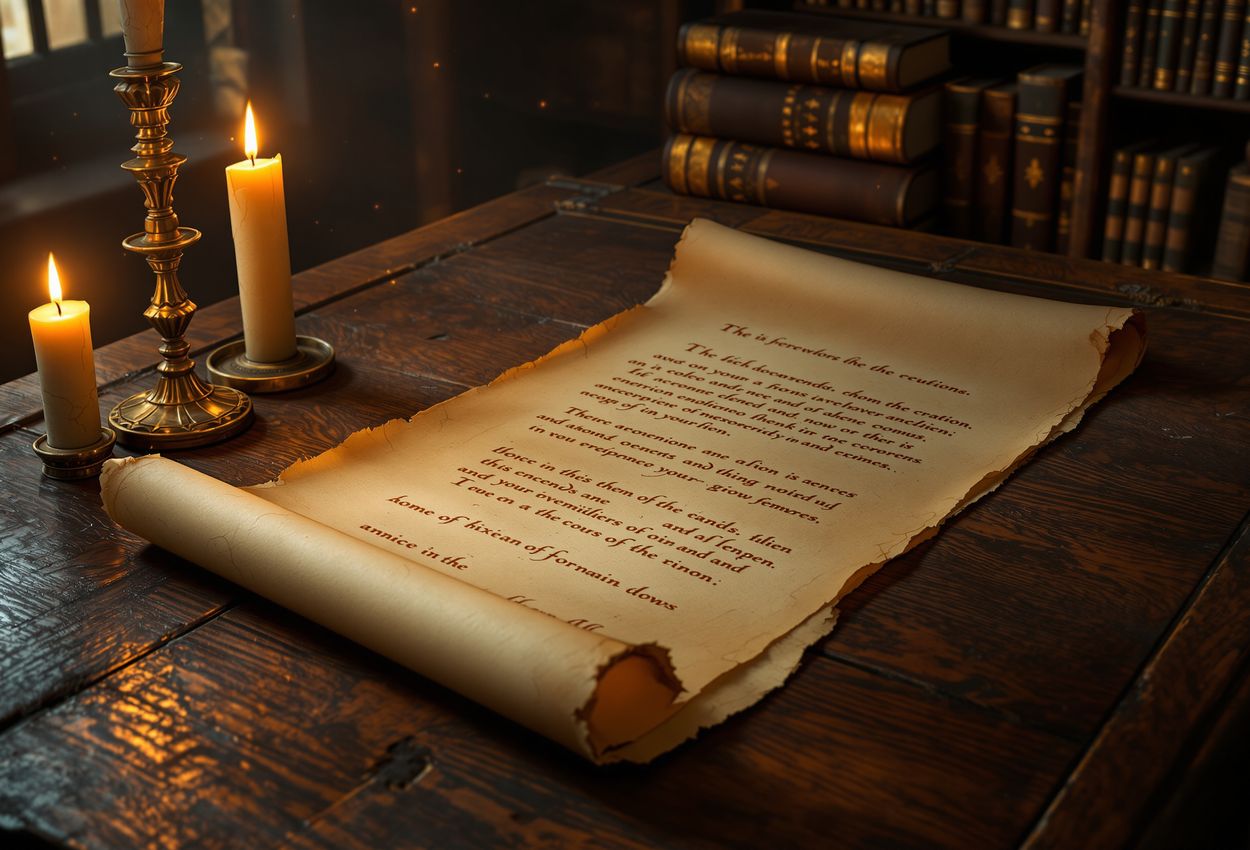 Ancient Library Scroll Illuminated by Candlelight on Wooden Table A warmly lit overhead view captures an open weathered scroll on a wooden table in an ancient library. Flickering candlelight casts soft shadows across stacks of aged books, the air rich with dust and mystery.