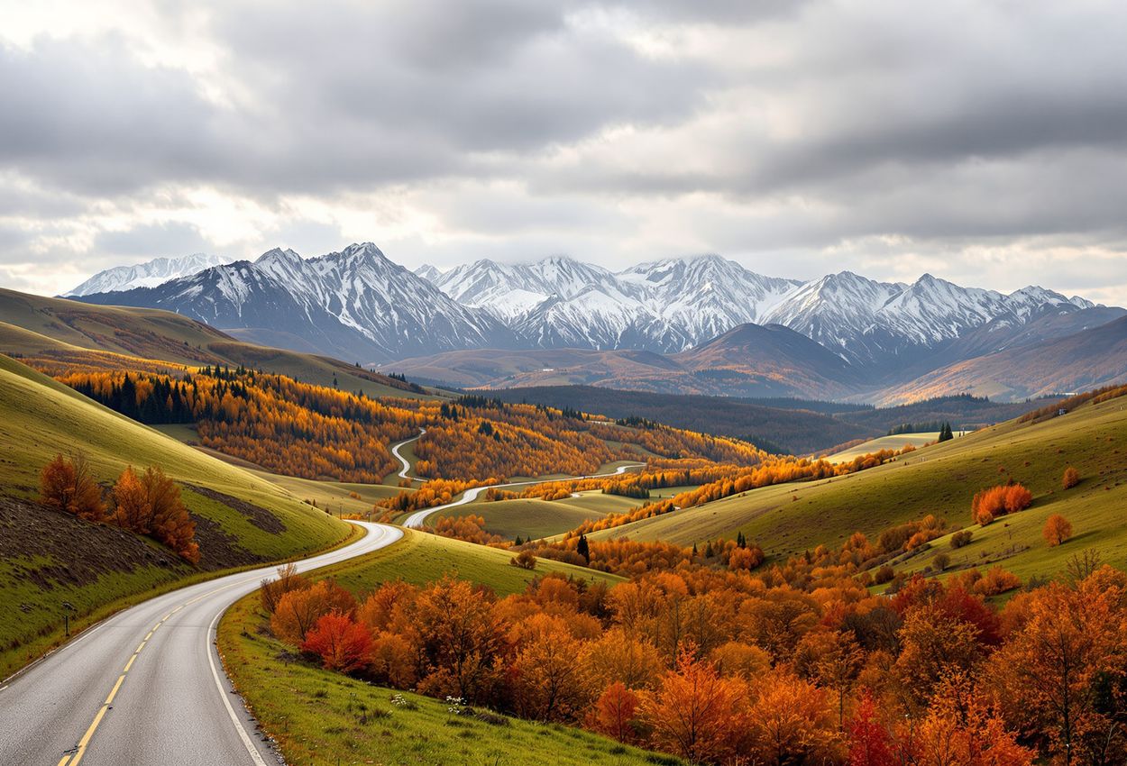A panoramic autumn landscape in Transylvania: a winding country road leads through hills cloaked in vivid red, amber and gold foliage toward snow‑dusted Carpathian peaks under a moody sky, captured in soft, diffused daylight that casts long shadows and highlights the rugged textures of leaves, bark, gravel and distant snow.