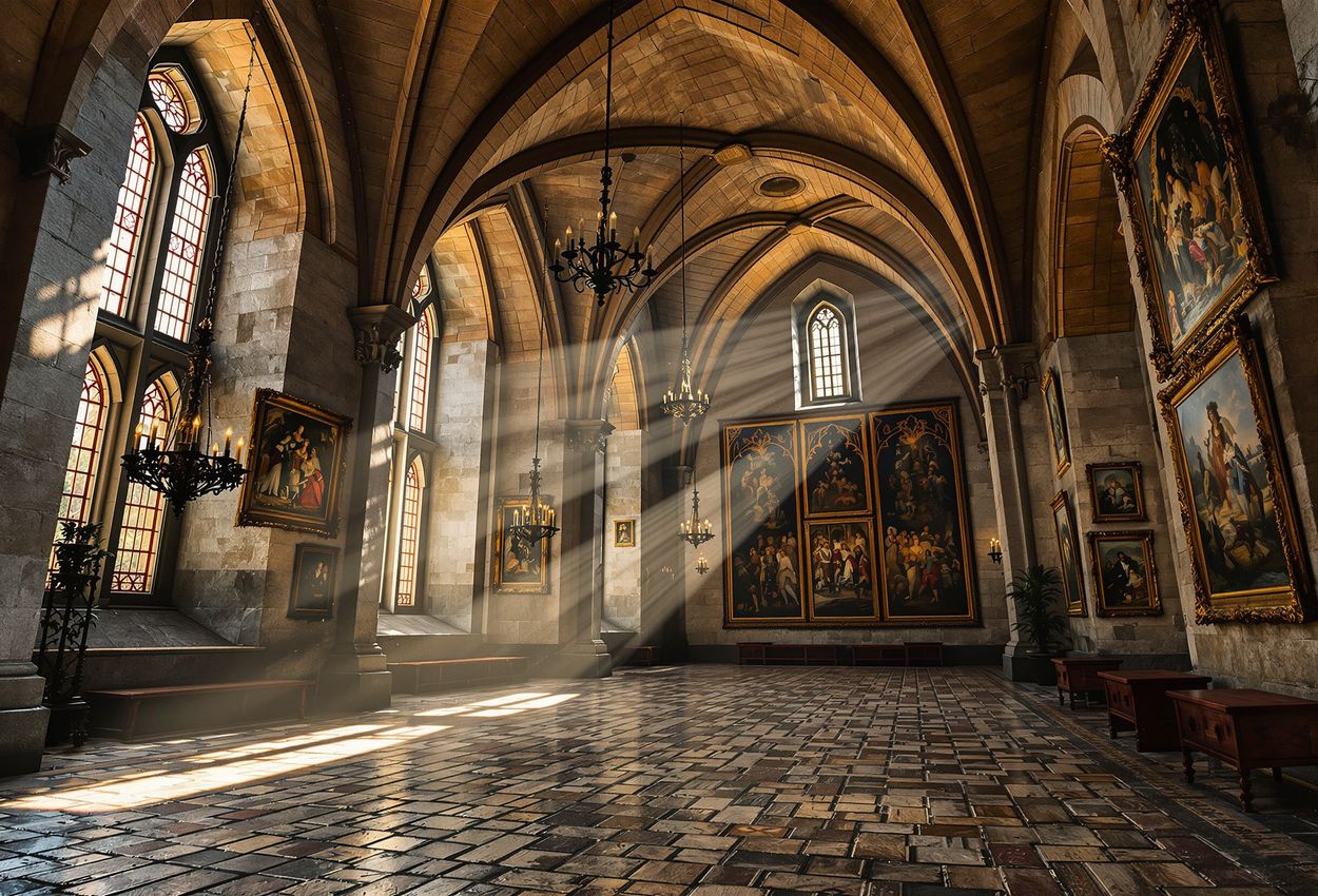 A wide‑angle view of Bran Castle’s grand medieval hall: vaulted stone ceiling, sunlight through Gothic arched windows illuminating dust motes, ornate chandeliers, tapestries and portraits on aged stone walls, creating a regal and atmospheric interior scene.