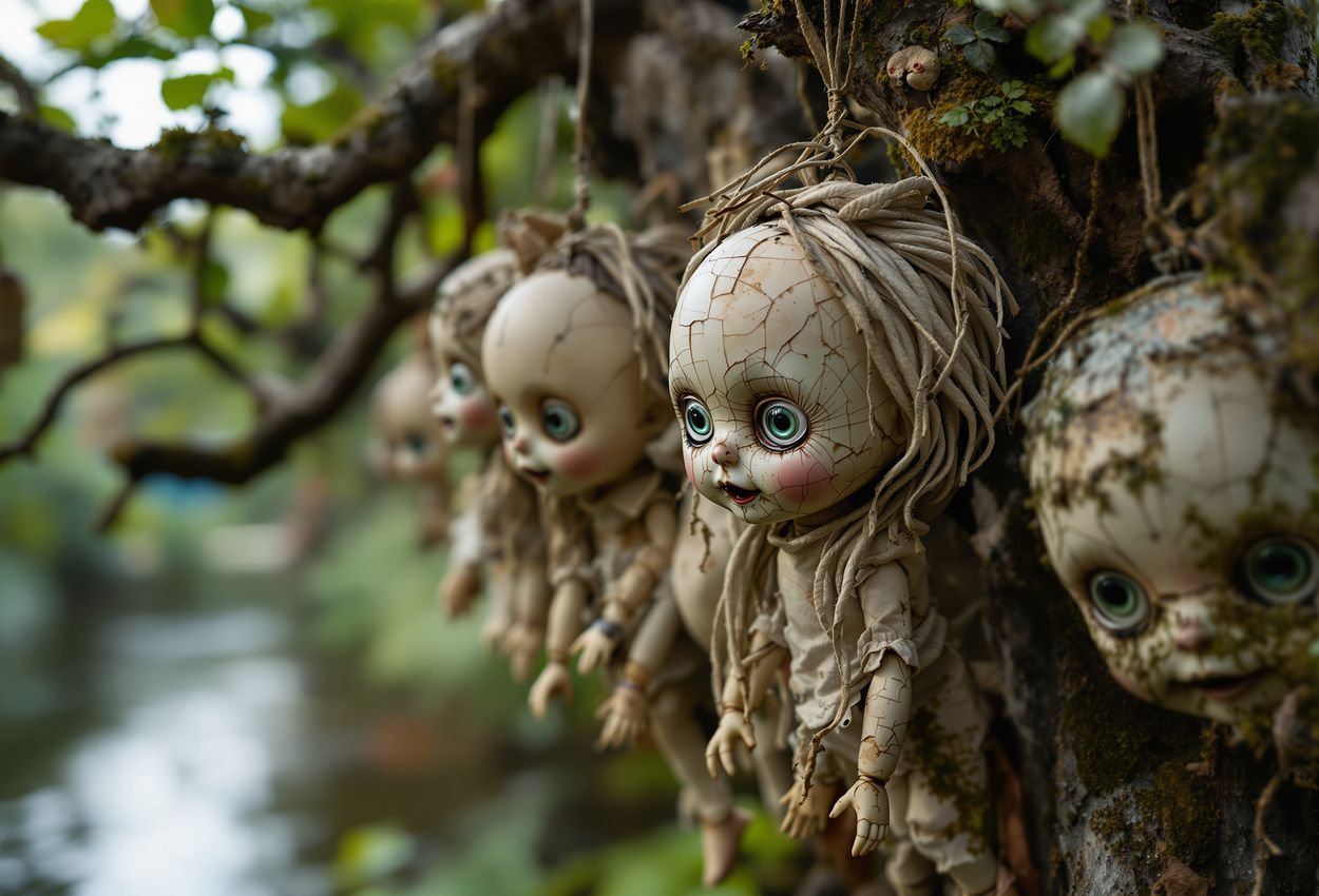 Close‑up of Decaying Dolls Hanging from a Tree on Xochimilco’s Island of the Dolls A tight close‑up photograph of old, broken dolls with cracked faces, missing limbs, and faded clothes hanging from tree branches amid overgrown foliage, evoking an eerie, decayed atmosphere in a swampy canal setting.