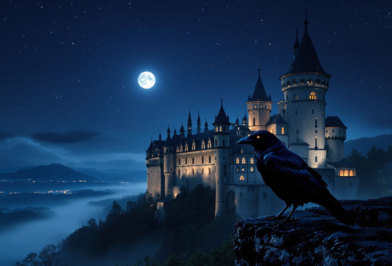 A dramatic black‑and‑white mood scene showing Corvin Castle at night, its Gothic‑Renaissance towers sharply defined by moonlight, with a raven perched on a stone wall in the foreground.