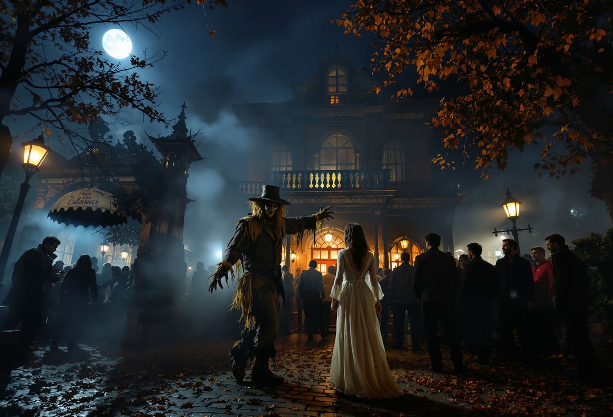 A nighttime photograph of a haunted house entrance at peak Halloween season, featuring fog, strobes, costumed actors interacting with visitors under a full moon, dramatic lighting, and gothic architecture, captured in a wide‑angle landscape frame emphasizing depth and atmosphere.