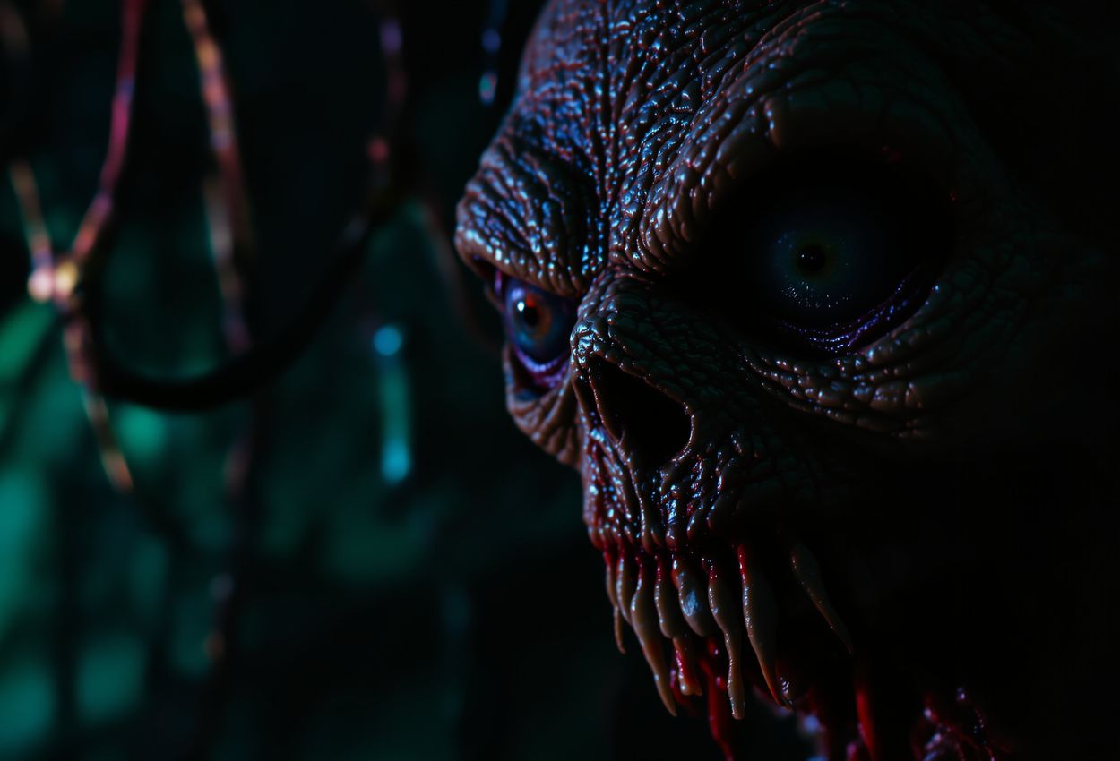 Close‑up photo of a highly detailed animatronic monster’s grotesque face inside a haunted‑house lair, with dramatic colored‑gel lighting, macro focus on textures, and blurred claustrophobic background.