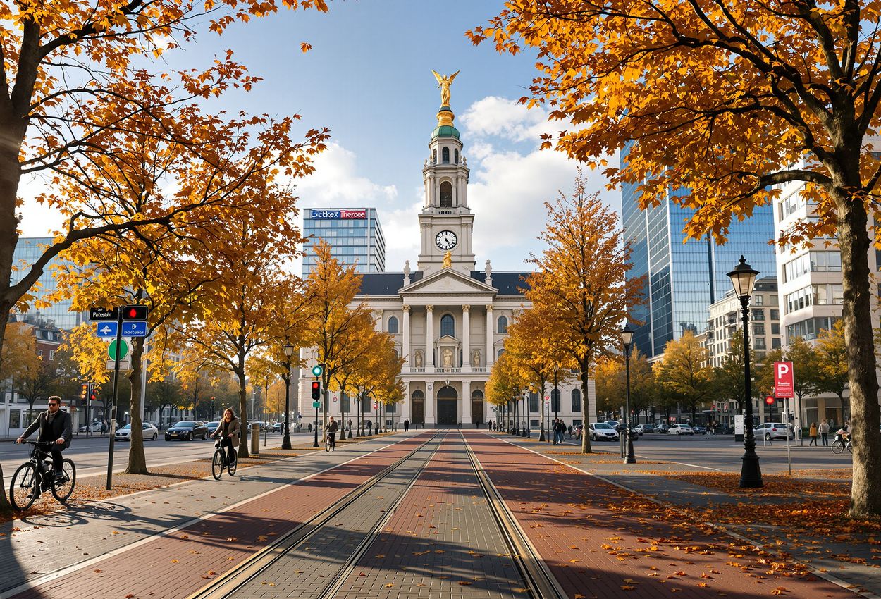 A wide‑angle photograph of Coolsingel in Rotterdam on November 1, 2025: golden autumn trees lining a grand boulevard, elegant pedestrians and cyclists in mid‑day light, neo‑Renaissance City Hall tower framed by modern architecture, creating a sense of layered depth, cool crisp air, and refined urban elegance.