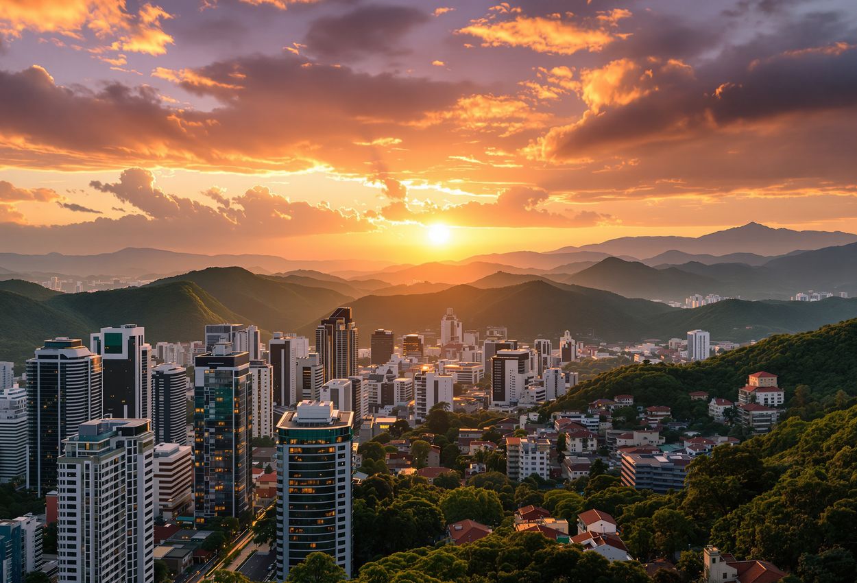 A high‑resolution landscape of Medellín at sunset, seen from a rooftop viewpoint with modern buildings in the foreground, verdant Andean hills in the middle ground, and a dramatic golden sky in the background.