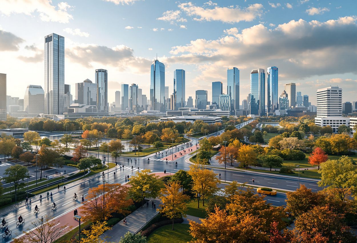 Daytime aerial view of a modern city revitalized with parks, pedestrian paths, and bike lanes, showing people walking and cycling among glass towers and leafy green plazas, all under crisp natural daylight.