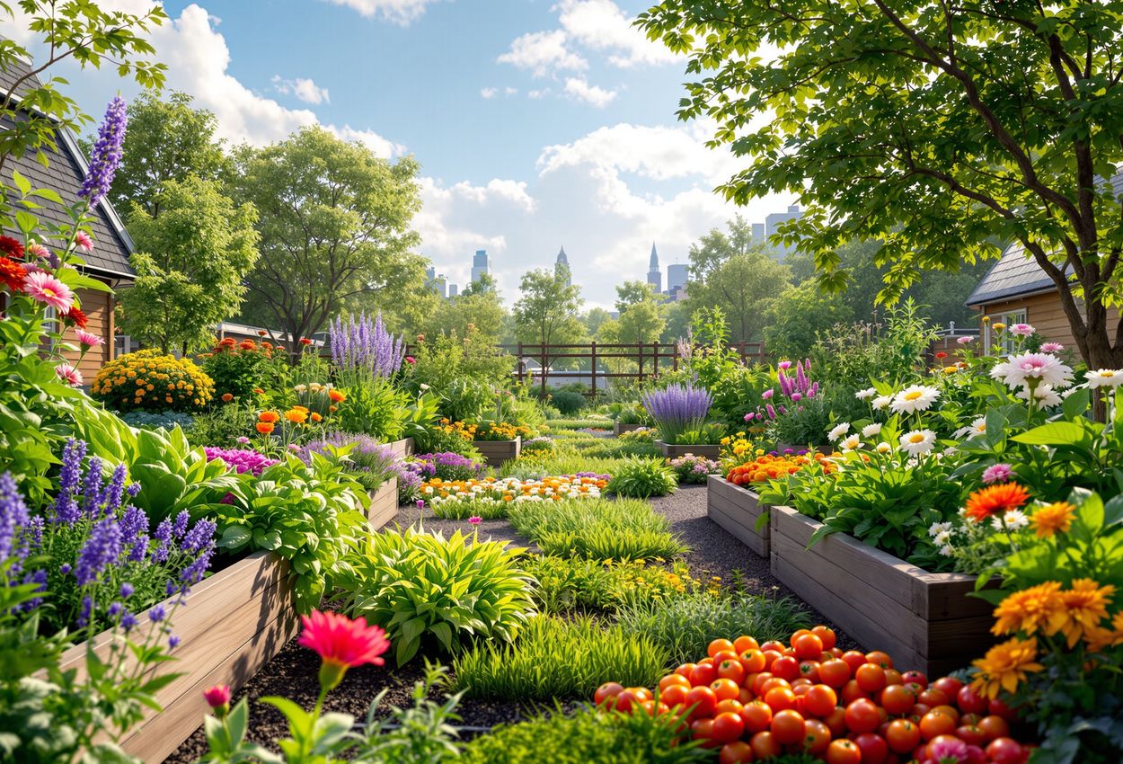 A wide‑angle view of a late‑spring community garden at 4 PM showing diverse gardeners tending vegetables, herbs and flowers among colorful repurposed sheds in soft natural light, textures of soil, plants, and wood clearly visible.