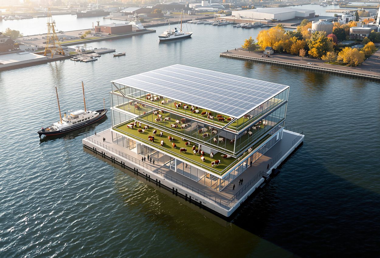 A high-angle aerial photo shows a three-story floating farm moored in Rotterdam’s harbor on November 1, 2025. Cows graze under a solar-panel canopy on the top level. Below, transparent processing areas are visible, and the city skyline forms the background. The water reflects the sunlit structure, offering a clear sense of scale and sustainable innovation.