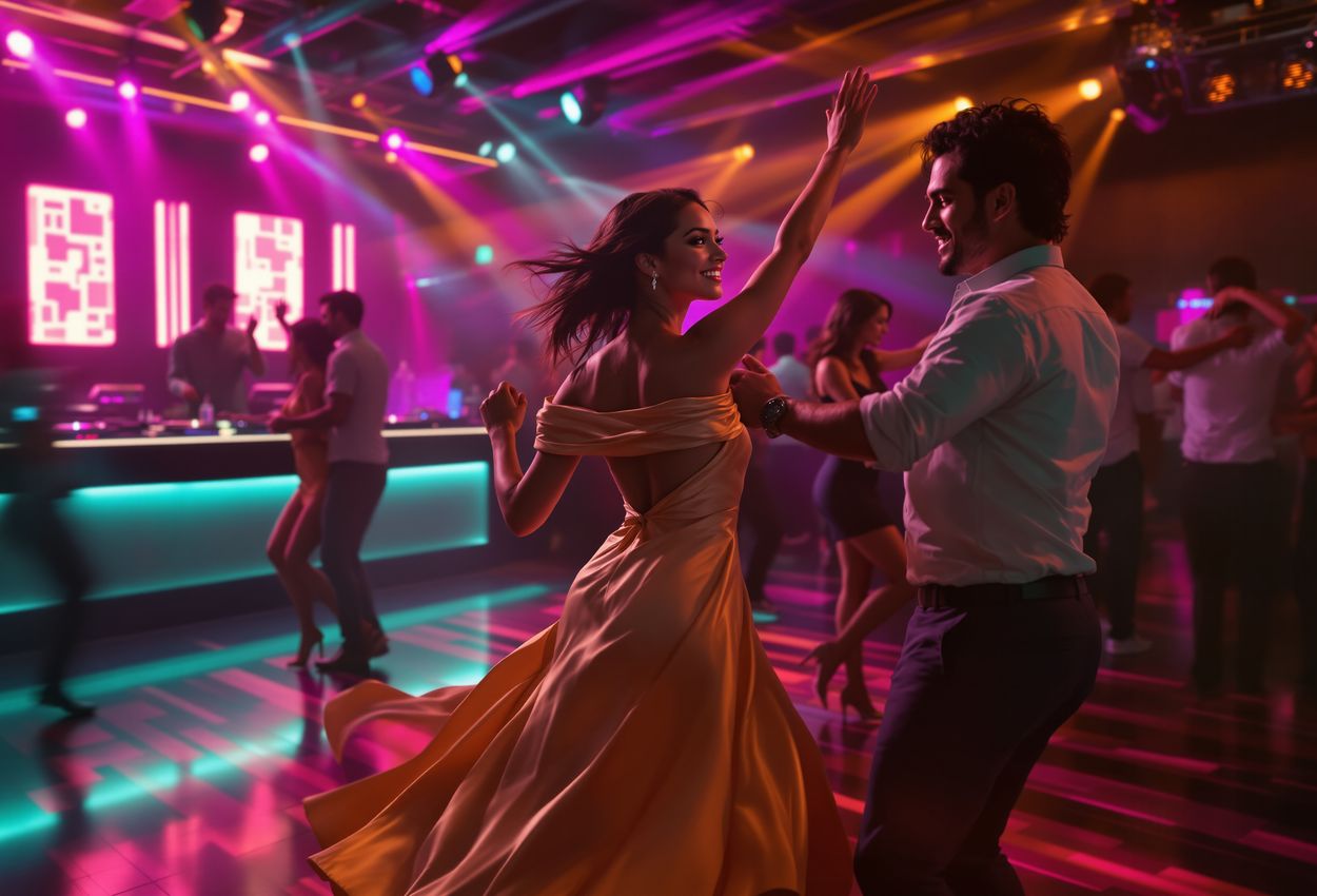 A dynamic nightclub scene showing a Latin couple in their 30s dancing salsa on a glossy, neon-lit dance floor in El Poblado, Medellín, with expressive movement, colorful lighting, and a lively, humid atmosphere.