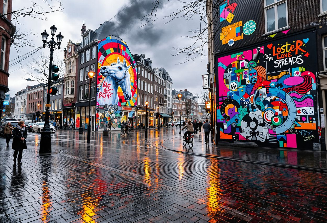 Wide‑angle street scene in Rotterdam on November 1, 2025, showing colorful murals and graffiti along building walls, a young woman observing the art, a cyclist passing by, wet cobblestones reflecting mural colors under diffused daylight.
