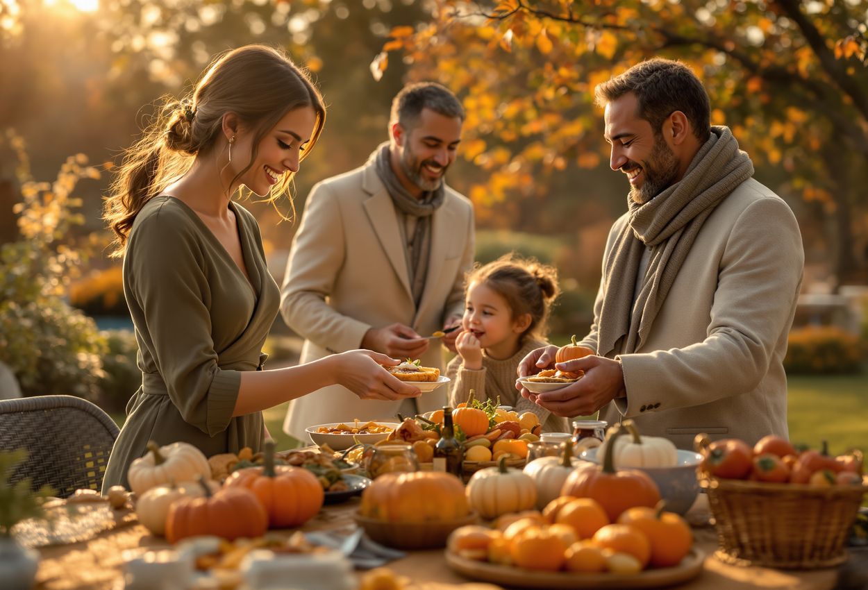 A garden gathering at dusk on October 20, 2025: people of different ages share food around tables set with pumpkins, breads, and autumn produce under glowing string lights amid golden foliage—capturing communal warmth, abundance, and texture in soft, intimate light.