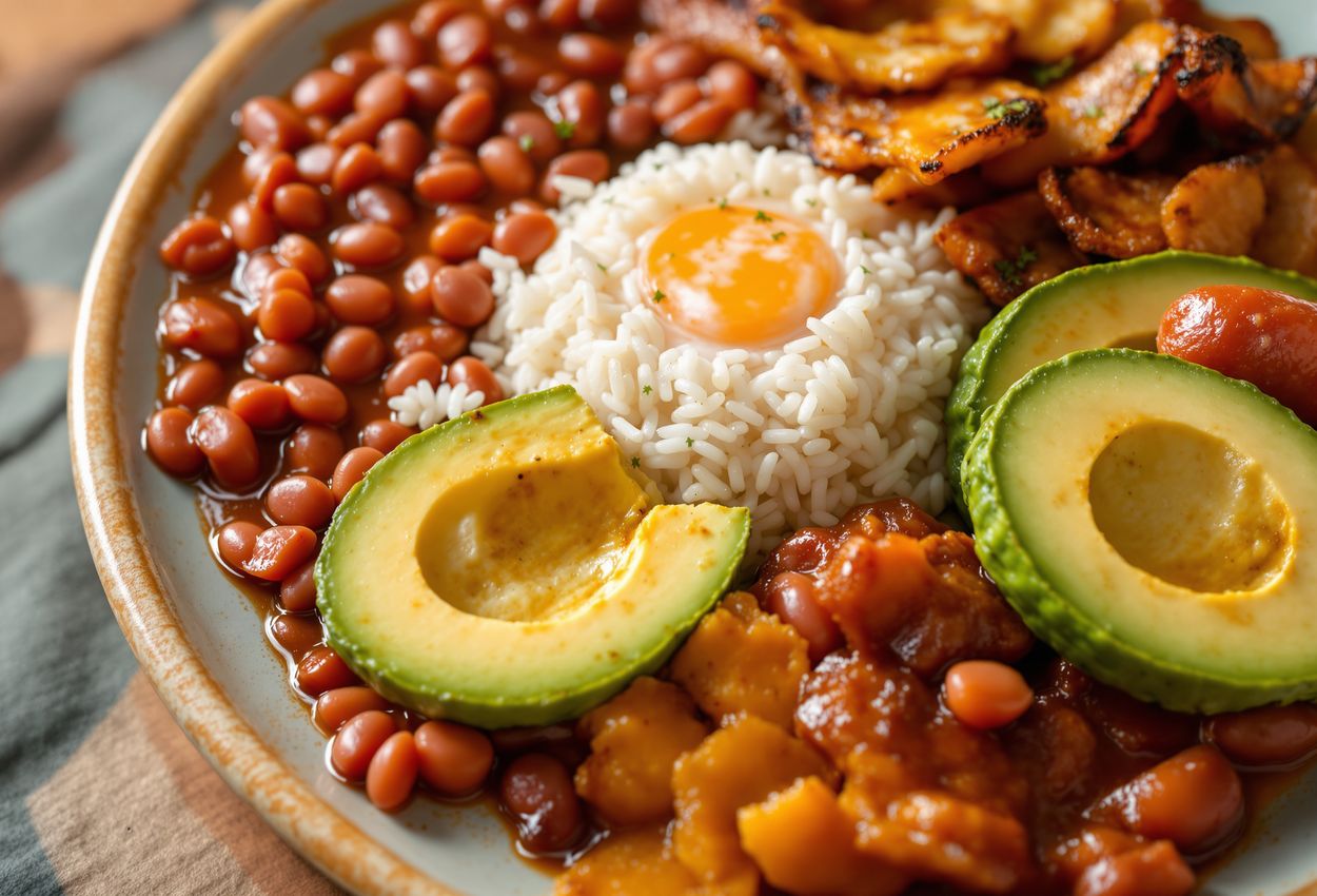 A richly detailed overhead close‑up photograph of a bandeja paisa—steamed beans, fluffy rice, charred meats, ripe avocado, sweet plantain—captured in soft morning light with sharp focus on textures and warm tones for vivid, captivating realism.