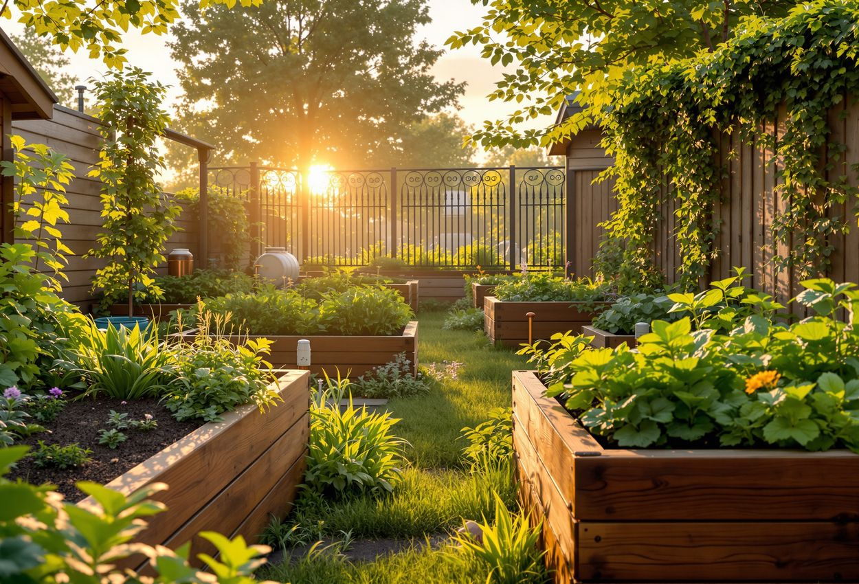 A dawn landscape photograph of a community garden with raised beds made from recycled materials, a rainwater harvesting system, and an artfully designed secure fence. Soft golden light illuminates rich textures of wood, metal, water droplets, and climbing vines, conveying resourcefulness and resilience.