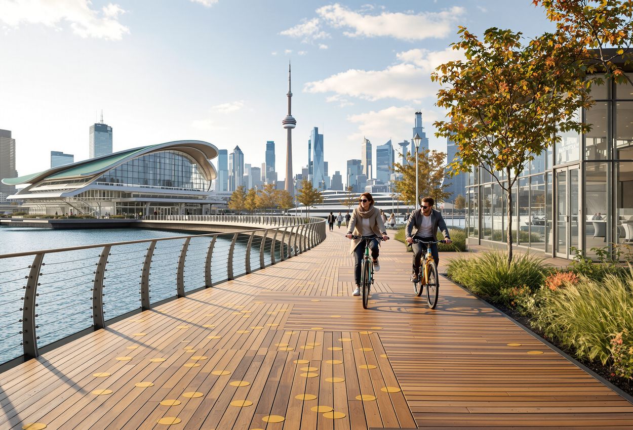 A daytime scene showing Toronto’s waterfront WaveDeck and pedestrian pathway in detail, with people walking and cycling, the city skyline and Lake Ontario under soft autumn light.