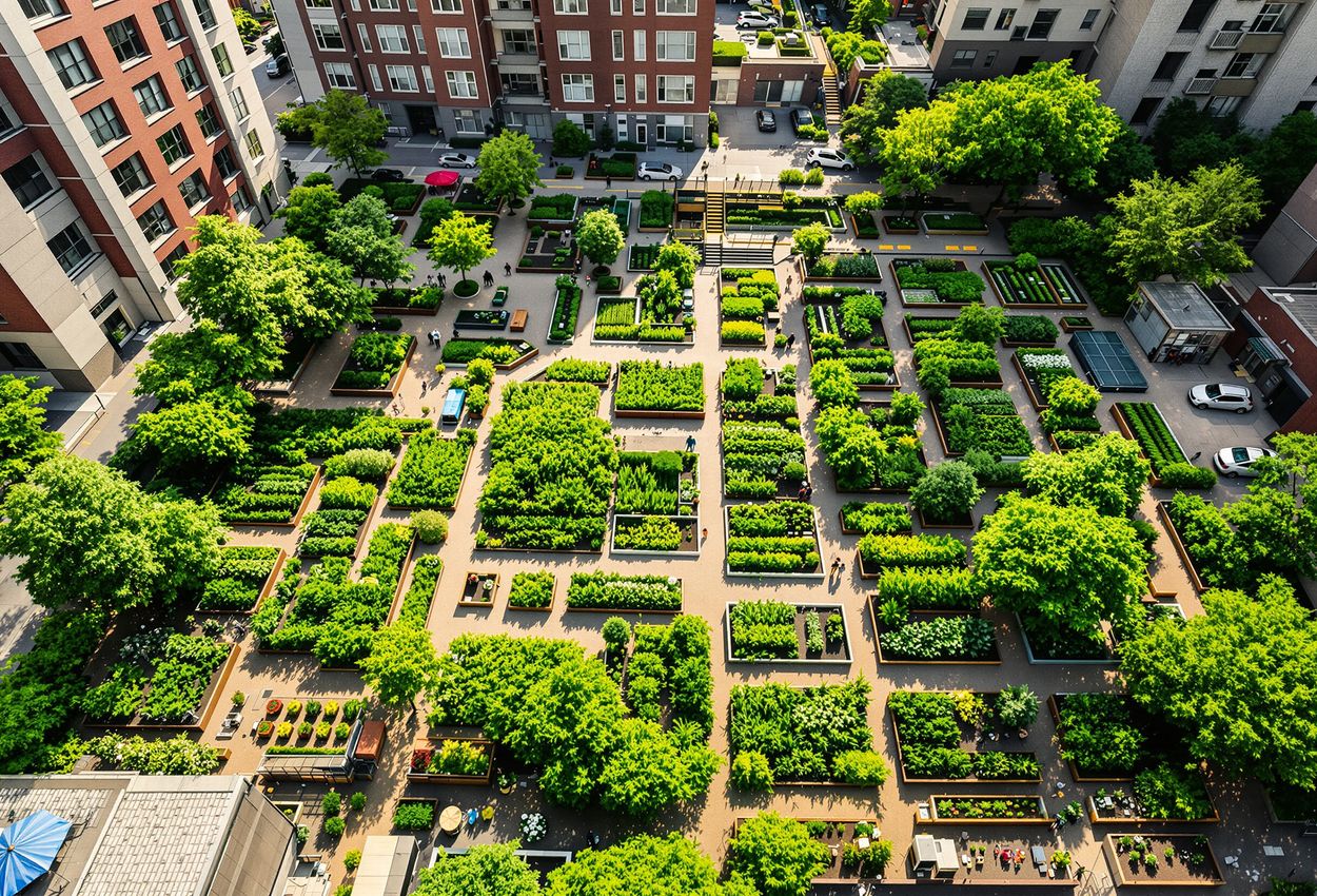 An aerial photo showing a vibrant community garden in the midst of an urban neighborhood, with organized plots, pathways, and seating areas surrounded by buildings, lit by bright midday sun.