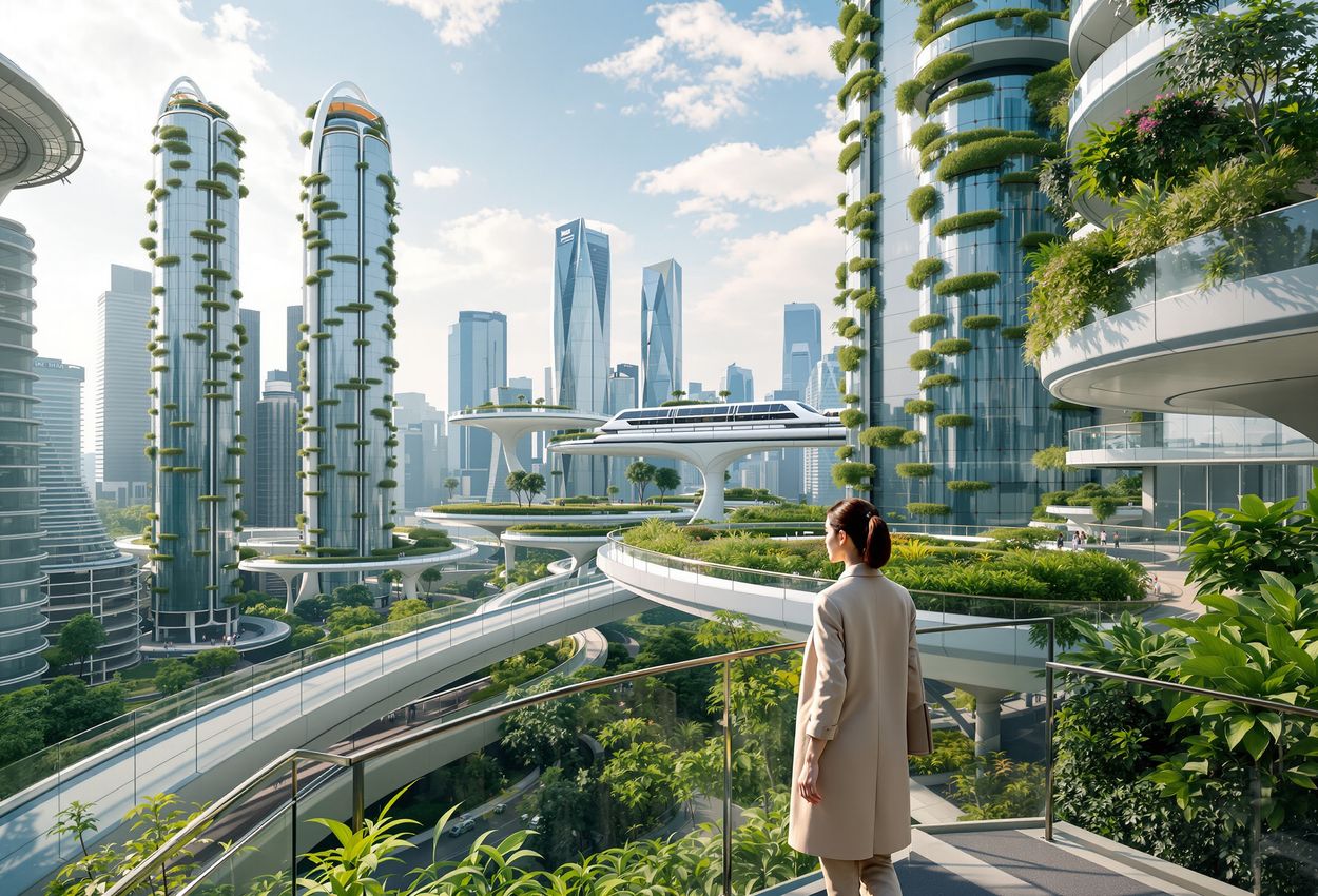 Daytime photograph of a futuristic Singapore skyline featuring ultramodern green‑integrated towers, elevated park walkways, glass gardens, and urban innovation. In the foreground, two professionally dressed individuals converse on a landscaped skywalk; detailed textures include reflective glass, verdant foliage, and fine fabric. The scene conveys sustainable luxury and sophisticated urban design.