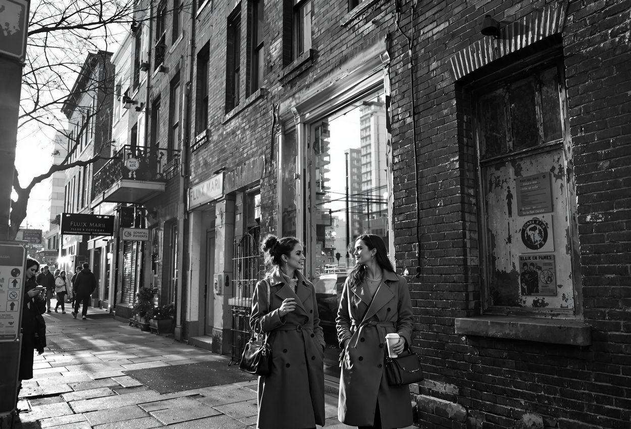 Black-and-white photo showing a cracked brick tenement in the foreground and reflective glass high-rises rising behind. Three casually dressed women stand between them, their natural skin texture visible. Dramatic shadows and light emphasize the tension between old and new in the city.
