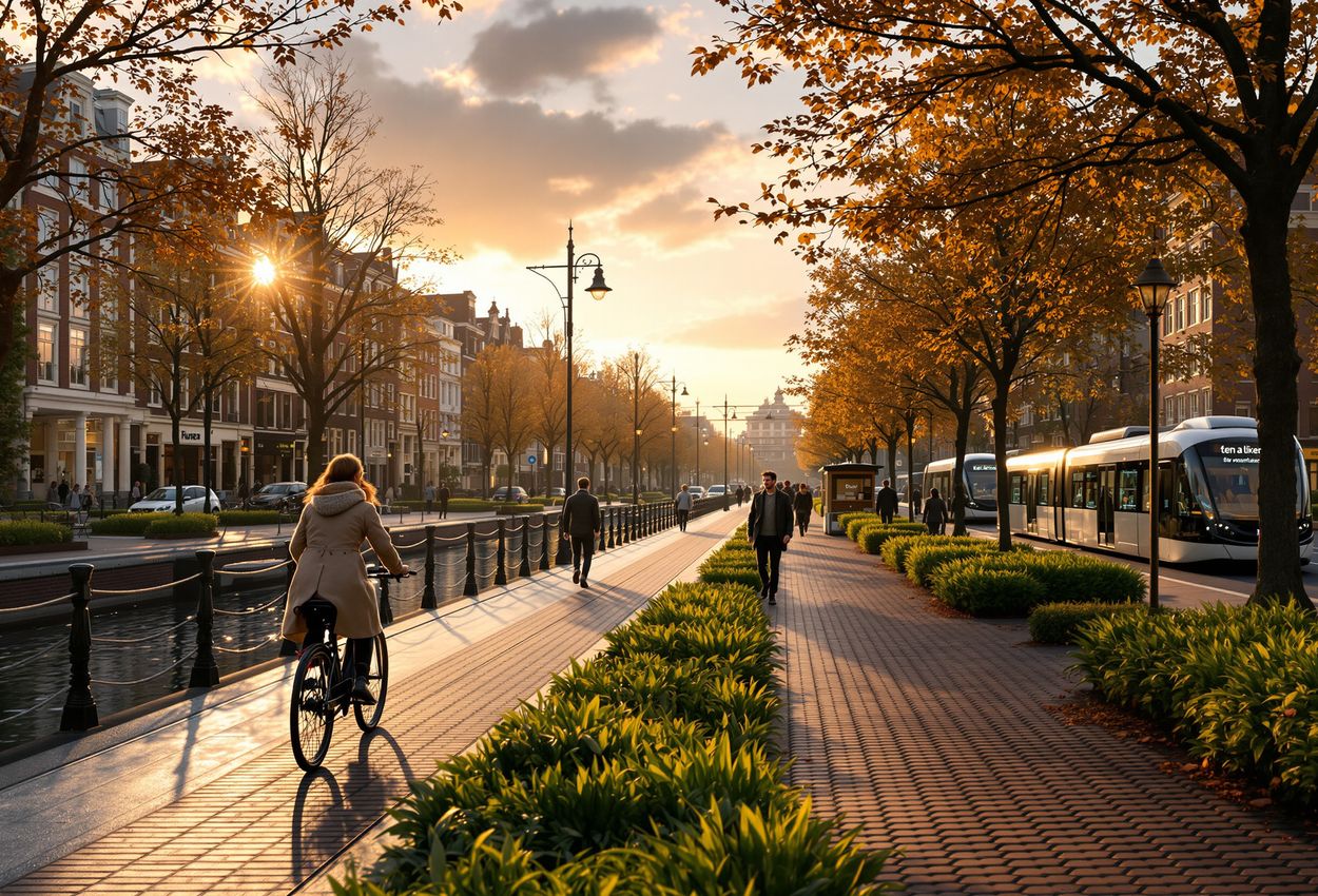 A hyper‑realistic landscape photo capturing Amsterdam at golden hour on November 1, 2025, showing a harmonious blend of modern sustainable transit, green architecture, and everyday commuters in a serene cityscape.
