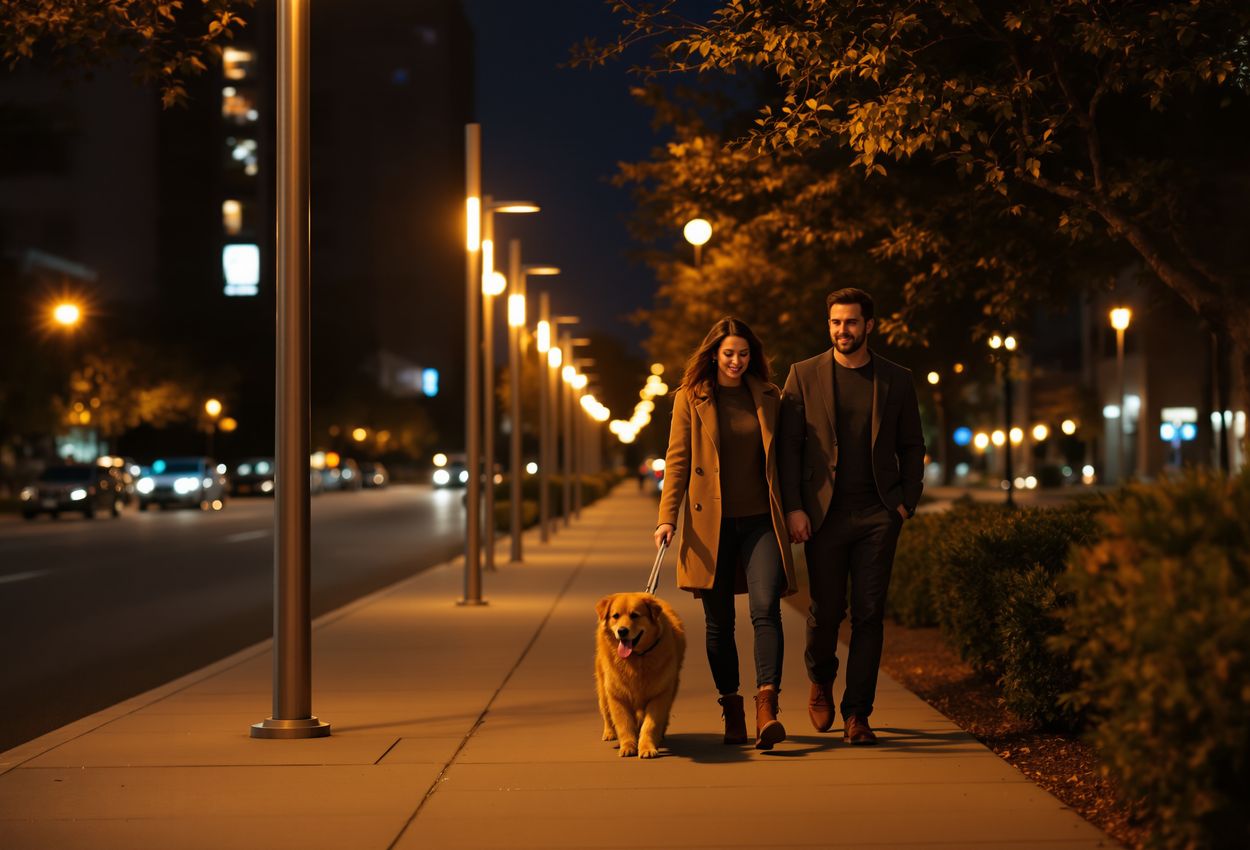A nighttime street scene in Austin shows smart streetlights with warm light illuminating a couple walking their dog under energy‑efficient lighting, with sensors visible and soft glow creating a safe, serene atmosphere.