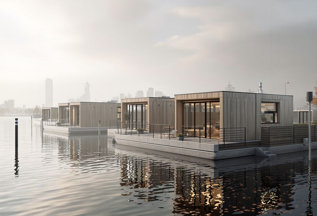 A serene waterfront scene showing modern floating homes and Rotterdam skyline under soft November morning light, with precise architectural detail and calm water reflections.
